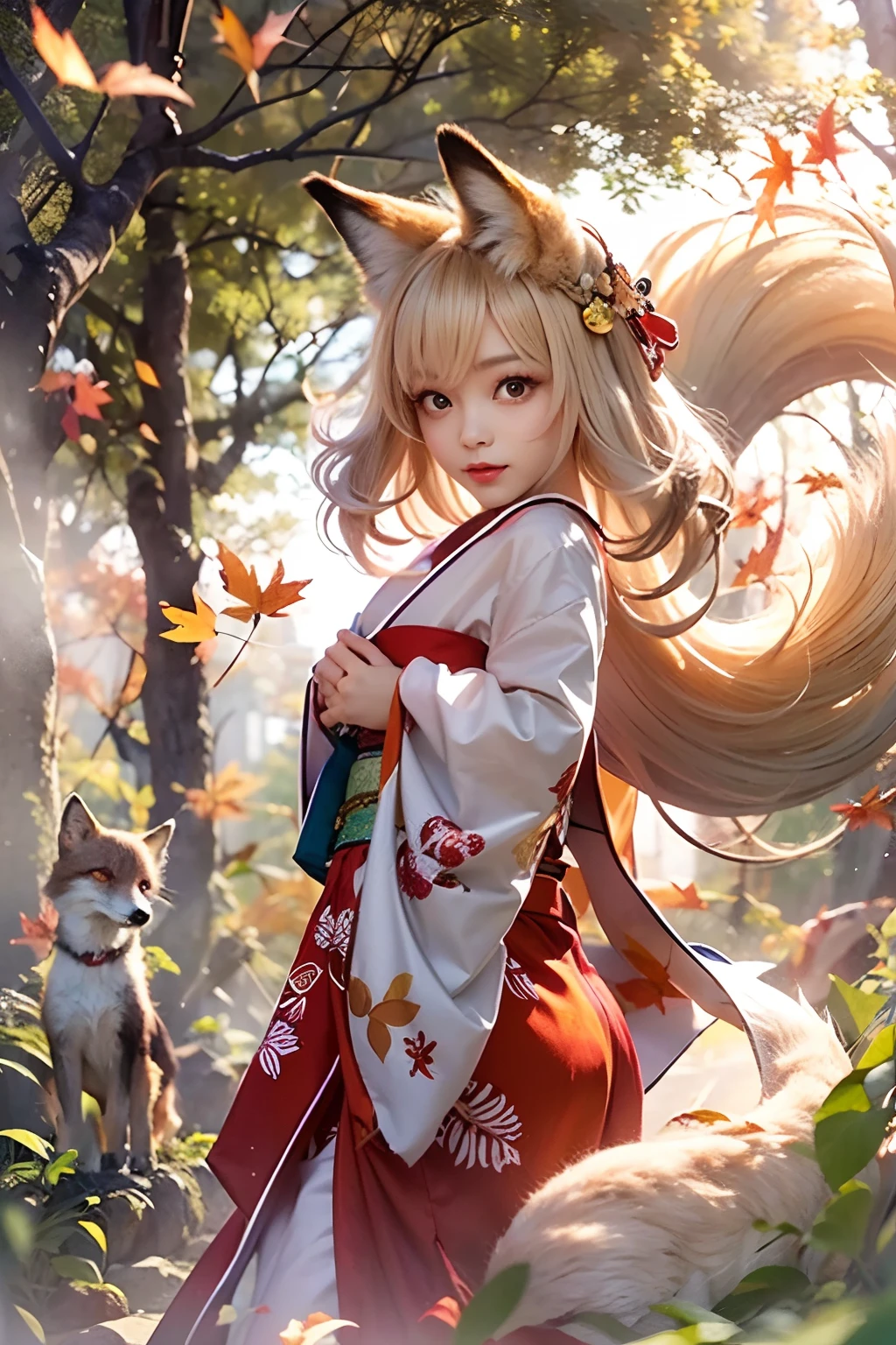 Two-shot photo of a girl and a fox,(Fantasia,Kitsune Yokai Four-Tailed Heavenly Fox,),(Girl and Fox Yokai: The Tale of the Four-Tailed Heavenly Fox),
(With a girl bent down deep in the forest and looking up,Fox Yokai Two-shot movie of a fox protecting a girl's back Poster of the four-tailed heavenly fox),
(natural soft light.)(Sunlight,),(Sunlight,),(Professional Lighting.),
(glossy light brown and orange two-tone color,,,,,,Wave Shortcut Hair,disheveled hair,),japanese kimono,Geta,Cute round face red lipstick,A cute smile that makes the viewer happy,
autumn forest,Strong wind soaring over dead leaves
Digital Illustration,
(Photorealsitic:1.3),(Raw photo.),
(masutepiece,top-quality,Ultra-high resolution output image,)
(The 8k quality,),(Image Mode Ultra HD,),(Image Mode Ultra HD,),(Sea Art 2.1:1.3,),Japan Anime Fantasy,