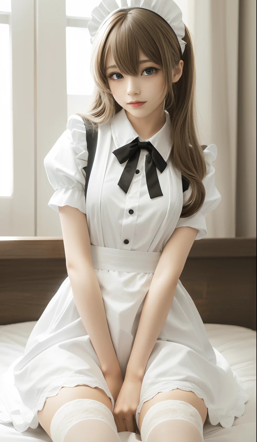 (Realistic: 1.6), (Soft Focus: 1.5), Sleeping Girl, , Realistic,((Maid Cosplay))、A detailed eye、Beautiful lashes、 Detailed, masutepiece, Smooth skin, shiny short twin-tailed brown hair, Soft lips, Rich lighting, Room lighting, [[Open legs, Spread legs]], (Solo), sexypose, , (female pubic-hair), (Slim legs)、beautiful thin constriction、((超A high resolution:1.6))