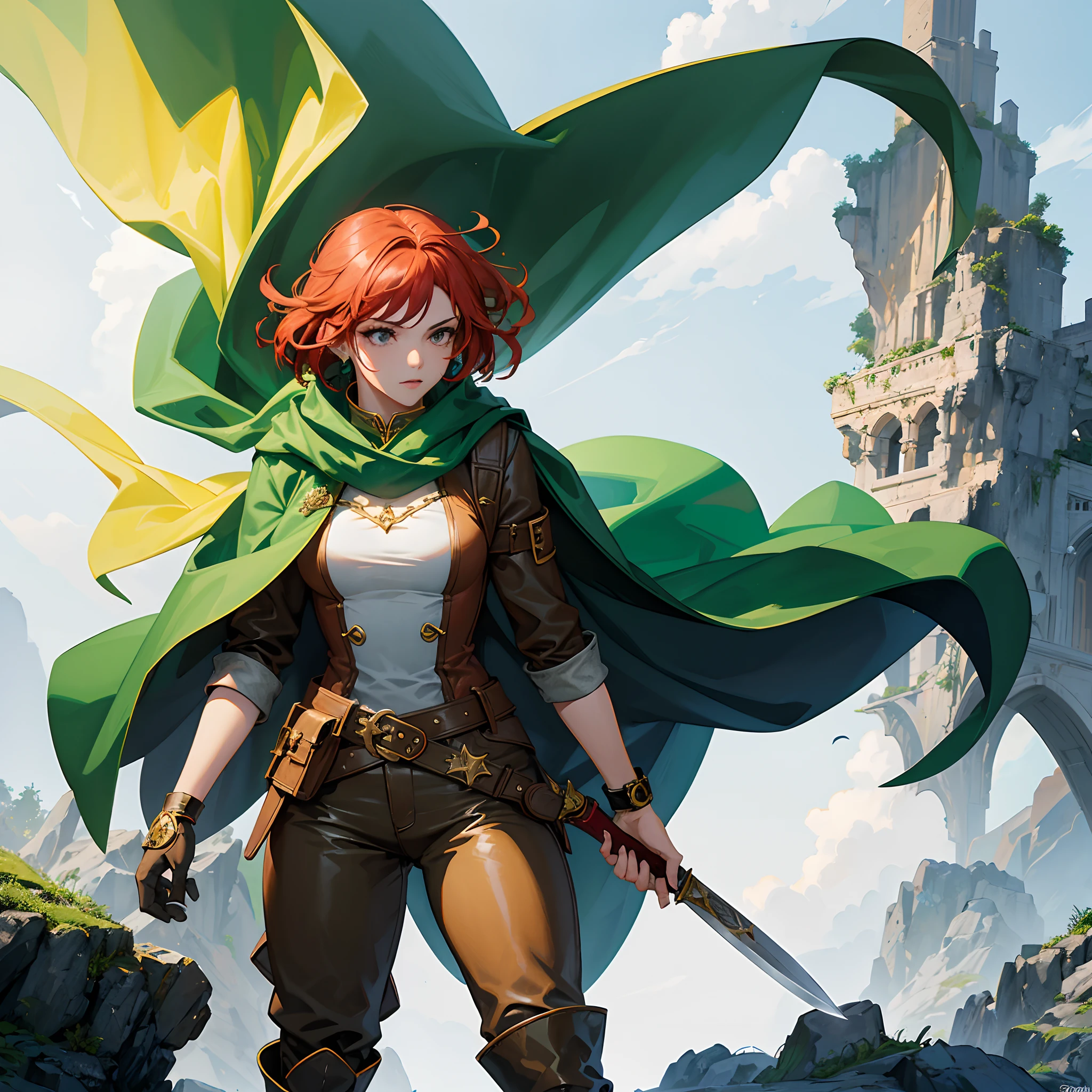 mulher de 22 anos, olhos verdes, red hair, latina brasileira, Roupas verdes com detalhes amarelos, blue scarf, black pants, botas marrons, pele branca, principal arma de combate vara verde, some accessories like knives at the waist, cinto de couro, personagem 2d, mundo de fantasia, Personagem medieval e personagem de fantasia HQ, Elá is receiving the power of the wind