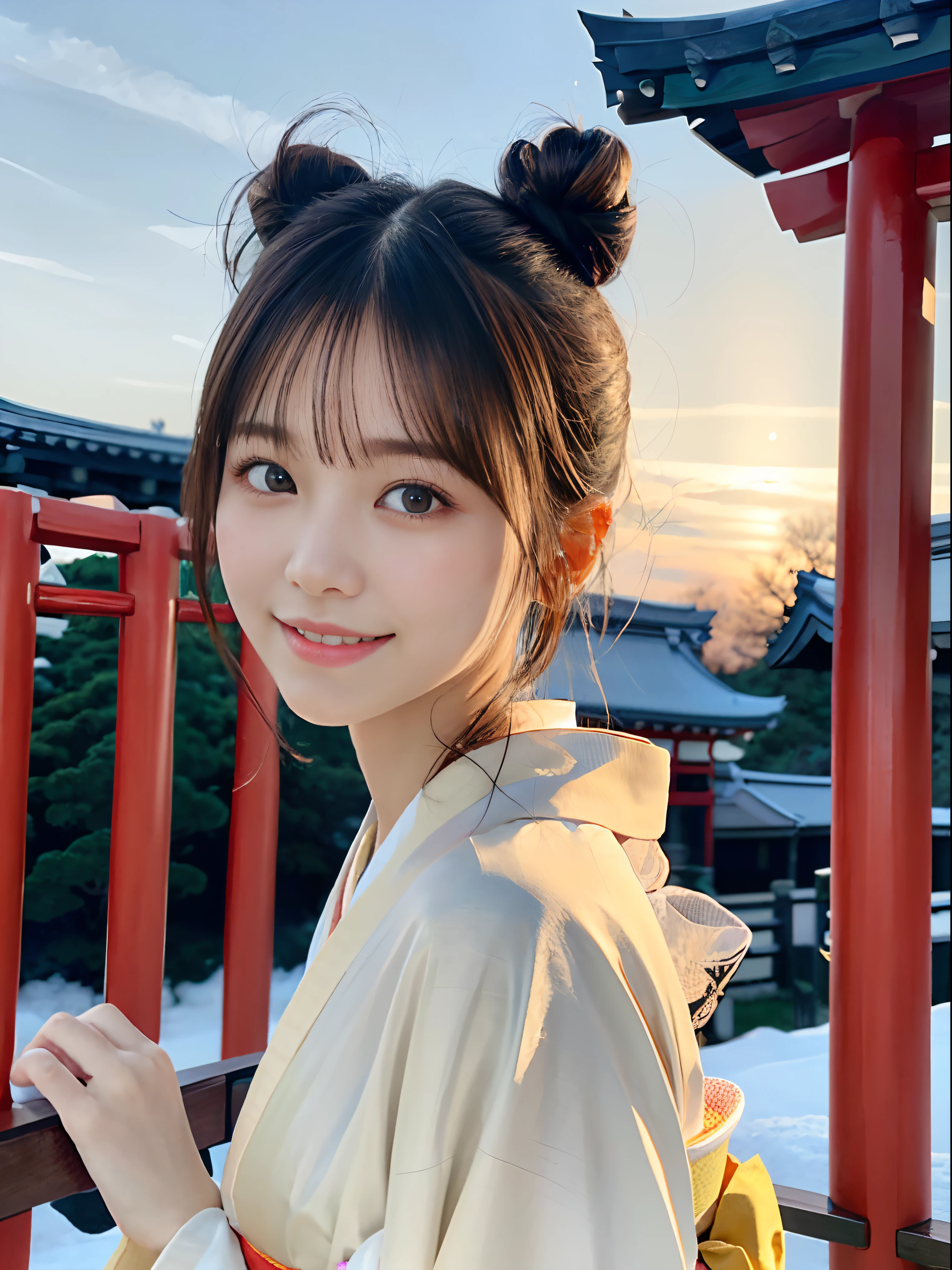 (Close up portrait of girl with dull bangs bun hair in beautiful glamorous kimono:1.5)、(One of the girls worshipping the shrine of Japan with a smile:1.3)、(A shrine in Japan with a winter sky:1.5)、(Perfect Anatomy:1.3)、(No mask:1.3)、(complete fingers:1.3)、Photorealistic、Photography、masutepiece、top-quality、High resolution, delicate and pretty、face perfect、Beautiful detailed eyes、Fair skin、Real Human Skin、pores、((thin legs))、(Dark hair)