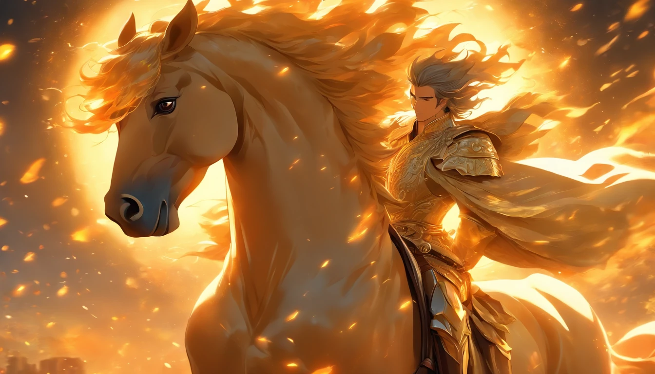 Homem de estilo antigo montado em um cavalo, cavalo galopante, Elegance in Motion, mystic atmosphere, Charme atemporal, side view, Golden Hour Light Facial Features