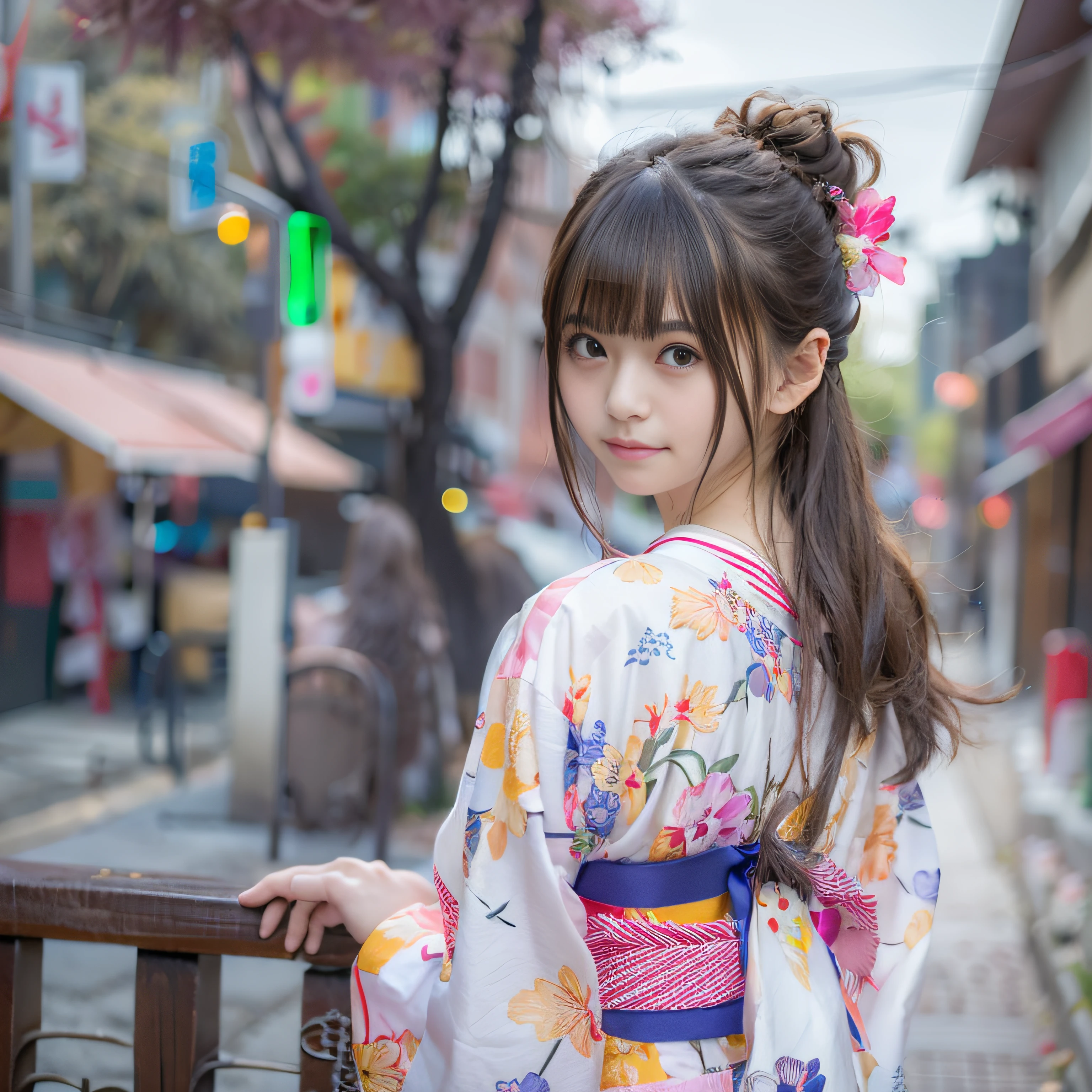 女の子1人、on tokyo street、Summer cityscape、Wearing a Japan yukata、The upper part of the body、a closeup、A smile、、(8K、Raw photography、top-quality、​masterpiece:1.2)、(realisitic、photoRealstic:1.37)、Highly detailed eyelash drawing、(((Top image quality))),Colossal tits、Fine skin, (Beautiful hair), (Perfect Anatomy), (Realistic), (Dynamic Angle), Pose Seductive,Perfect,Sensual look、top-quality、hight resolution、