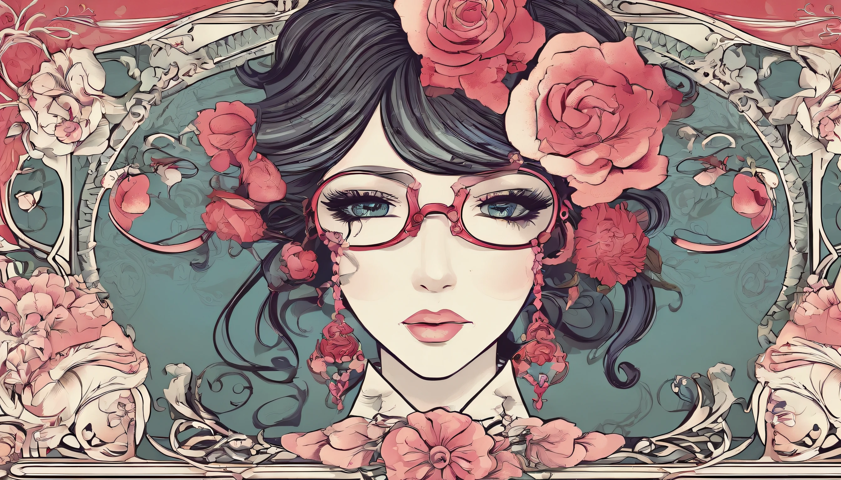 uma menina com uma camisa rosa clara com linhas vermelhas e olhos vermelhos, 1girl, sozinho, glasses, olhos vermelhos, gravata, Black frame glasses, jewelries, camisa, separated-lips, Heart, gravata listrada, parte superior do corpo, camisa de gola