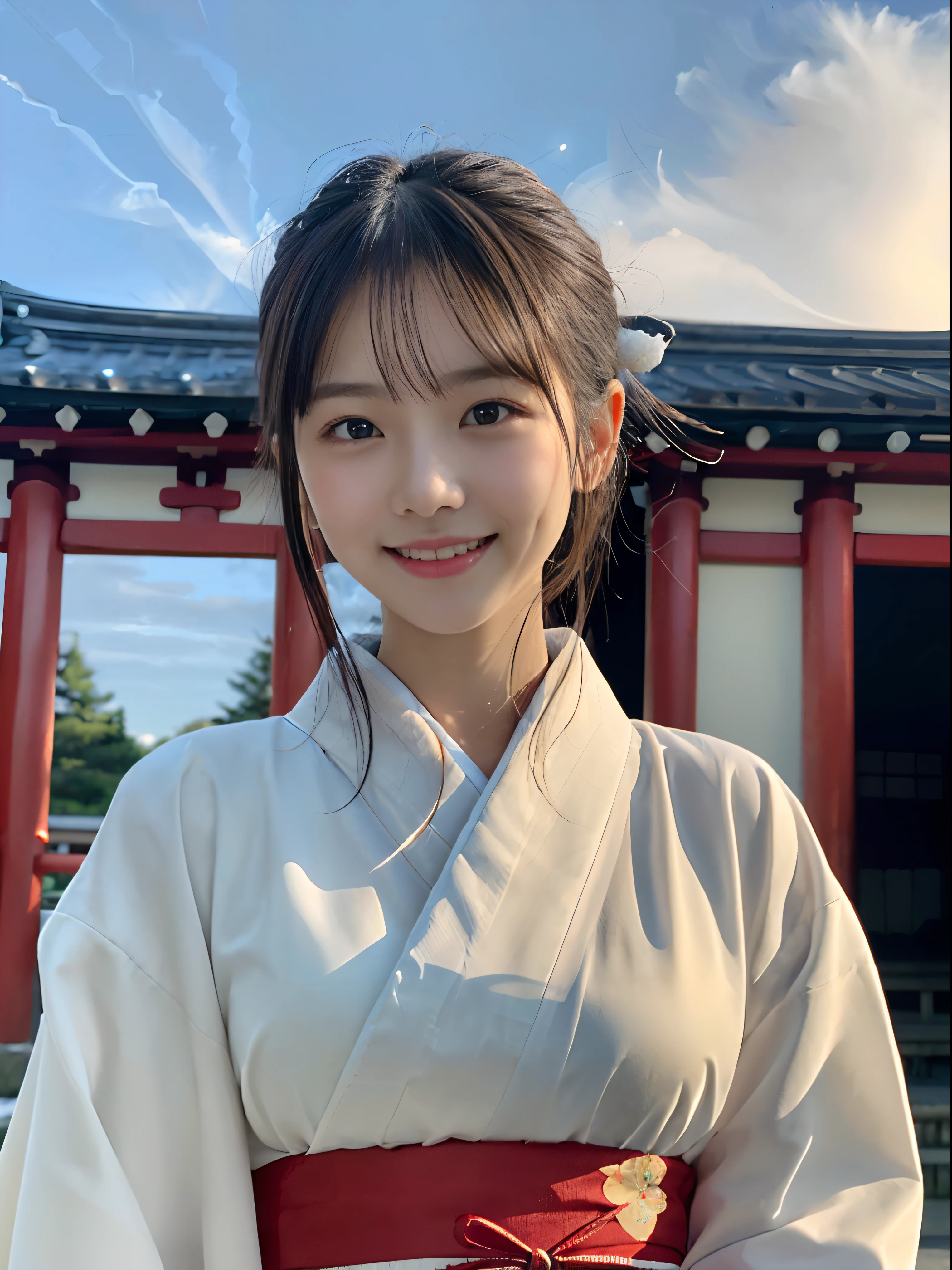(Close up portrait of girl with dull bangs dumpling hair in beautiful glamorous kimono:1.5)、(One of the girls enshrining the shrine of Japan with a smile:1.3)、(A shrine in Japan with a winter sky:1.5)、(Perfect Anatomy:1.3)、(No mask:1.3)、(complete fingers:1.3)、Photorealistic、Photography、masutepiece、top-quality、High resolution, delicate and pretty、face perfect、Beautiful detailed eyes、Fair skin、Real Human Skin、pores、((thin legs))、(Dark hair)