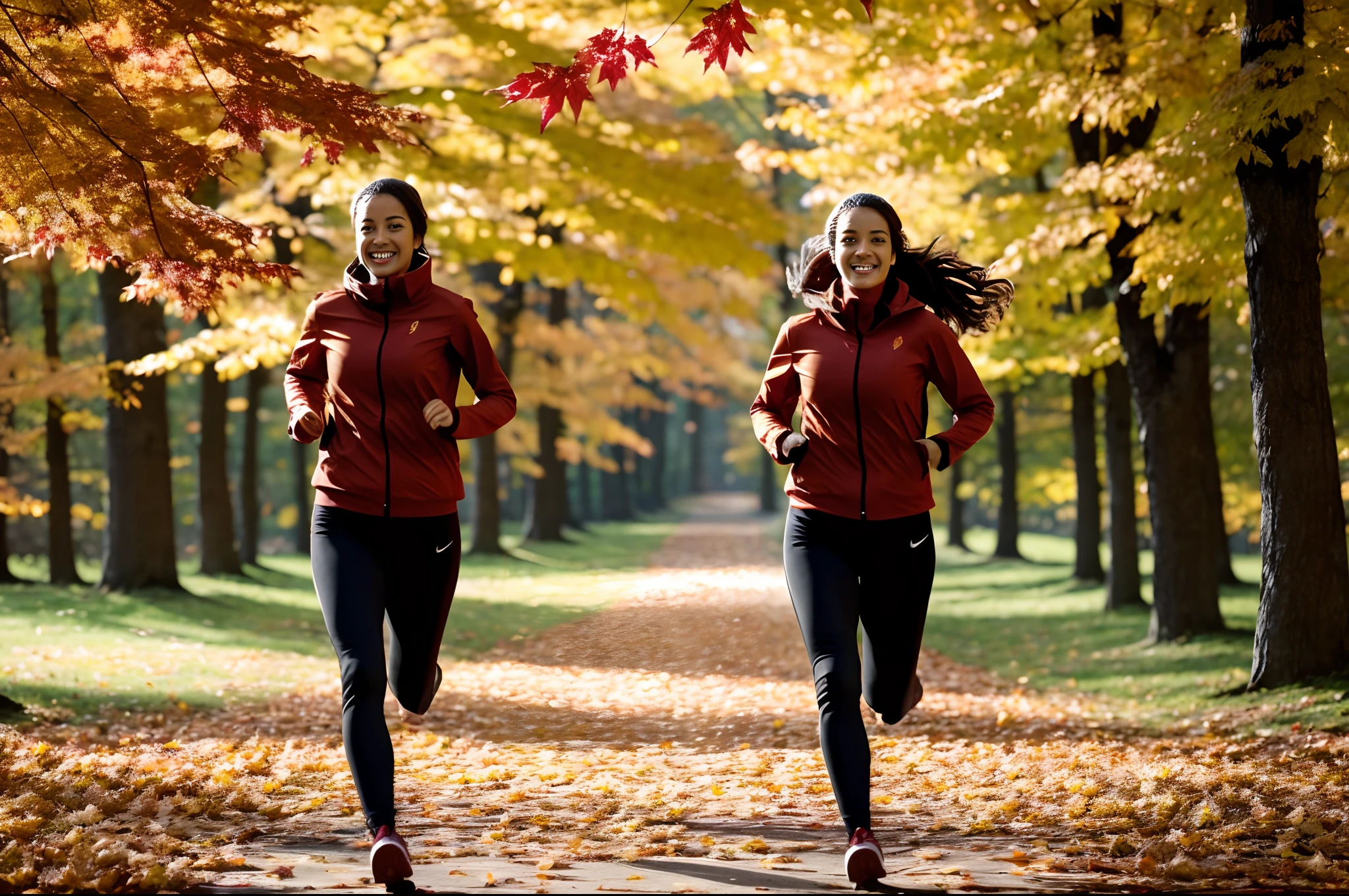 Maple trees with red leaves, Autumn, young woman running happily in middle of a swirl of falling yellowish and russet leaves on the air, dynamic, highly detailed.