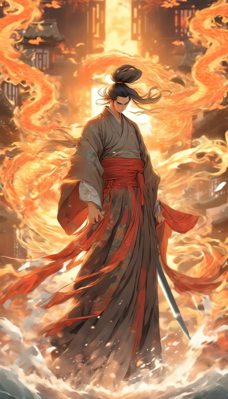 China-style，中景 the scene is，The Taoist priest stood before a huge transparent Chinese sword，Stretch out your hands，long messy hair，efeitos de brilho，hyper-realistic，Ultra foto realsisim，Chinese black and white ink style，prata，Discoloration，Mancha，tinta，8k，super-fino，alta qulidade，Renderizador OC