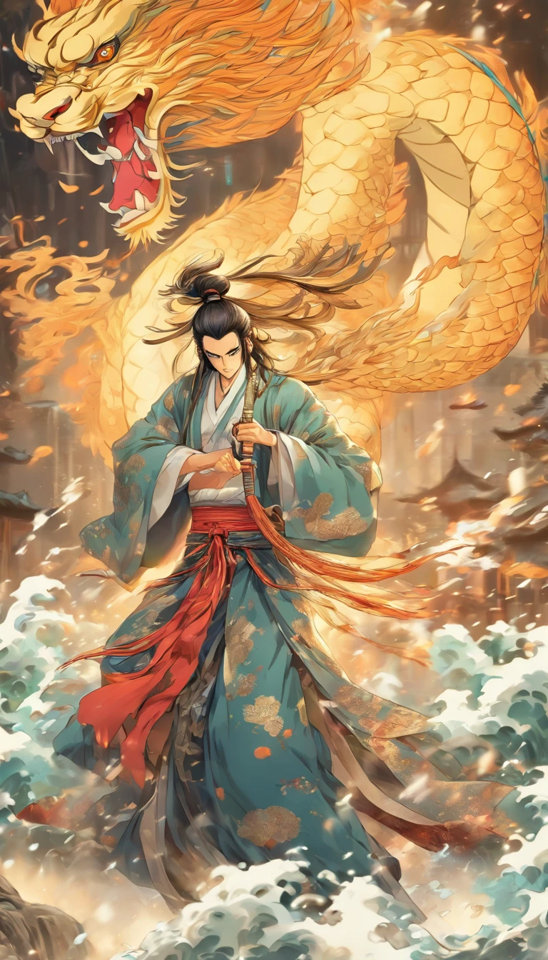 China-style,中景 the scene is,The Taoist priest stood before a huge transparent Chinese sword,Stretch out your hands,long messy hair,efeitos de brilho,hyper-realistic,Ultra foto realsisim,Chinese black and white ink style,prata,Discoloration,Mancha,tinta,8k,super-fino,alta qulidade,Renderizador OC