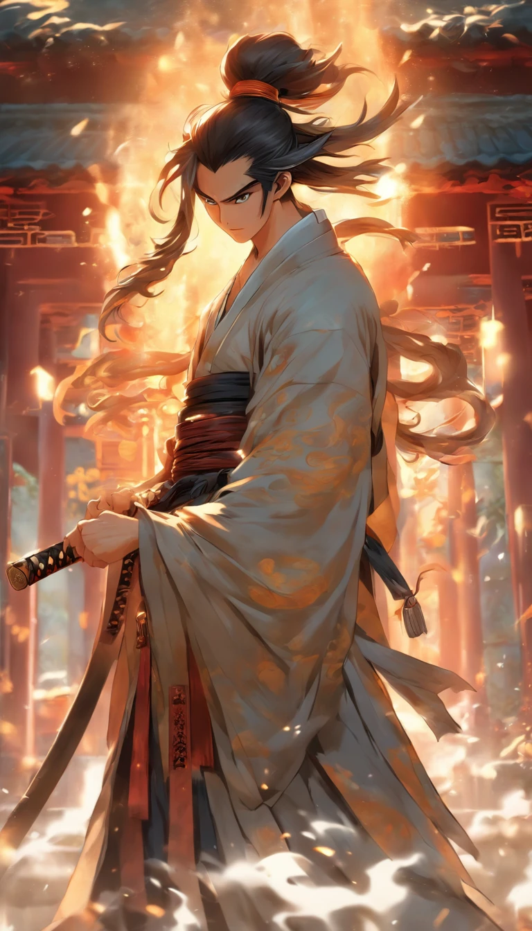 China-style,中景 the scene is,The Taoist priest stood before a huge transparent Chinese sword,Stretch out your hands,long messy hair,efeitos de brilho,hyper-realistic,Ultra foto realsisim,Chinese black and white ink style,prata,Discoloration,Mancha,tinta,8k,super-fino,alta qulidade,Renderizador OC