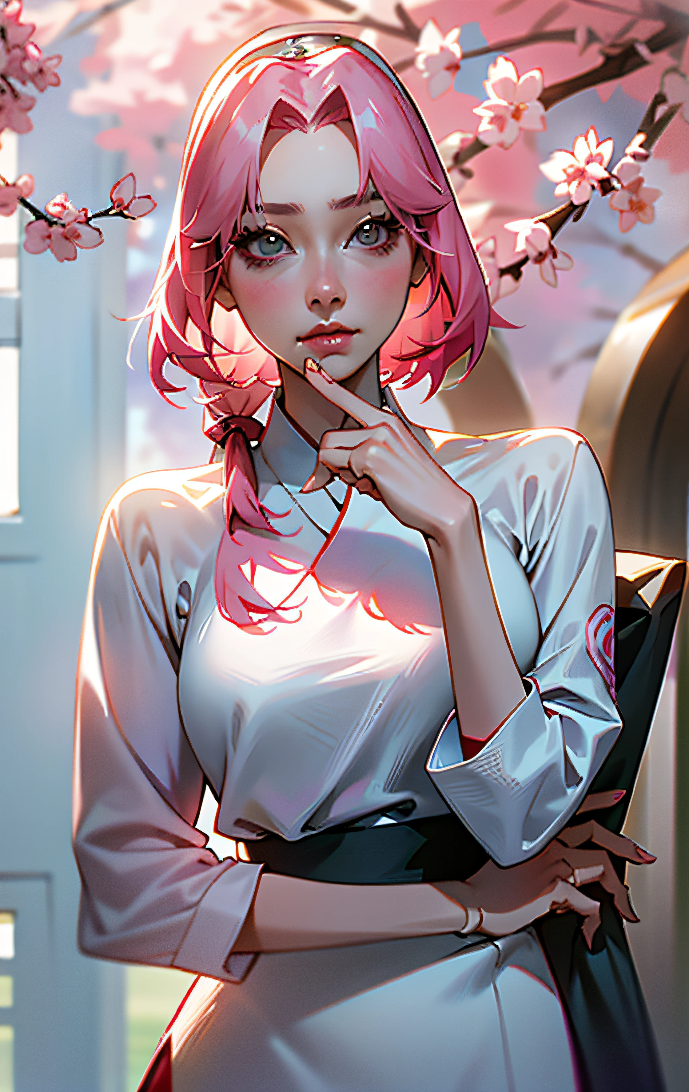 Sakura, in white shirt posing with her hand on her chin, photo of slim girl model, korean women's fashion model, beautiful south korean woman, korean woman, pink hair, beautiful young korean woman, beautiful young korean woman, wenfei ye, xintong chen, lovely young korean face, korean girl, by xia yong, korean face features, korean symmetrical face