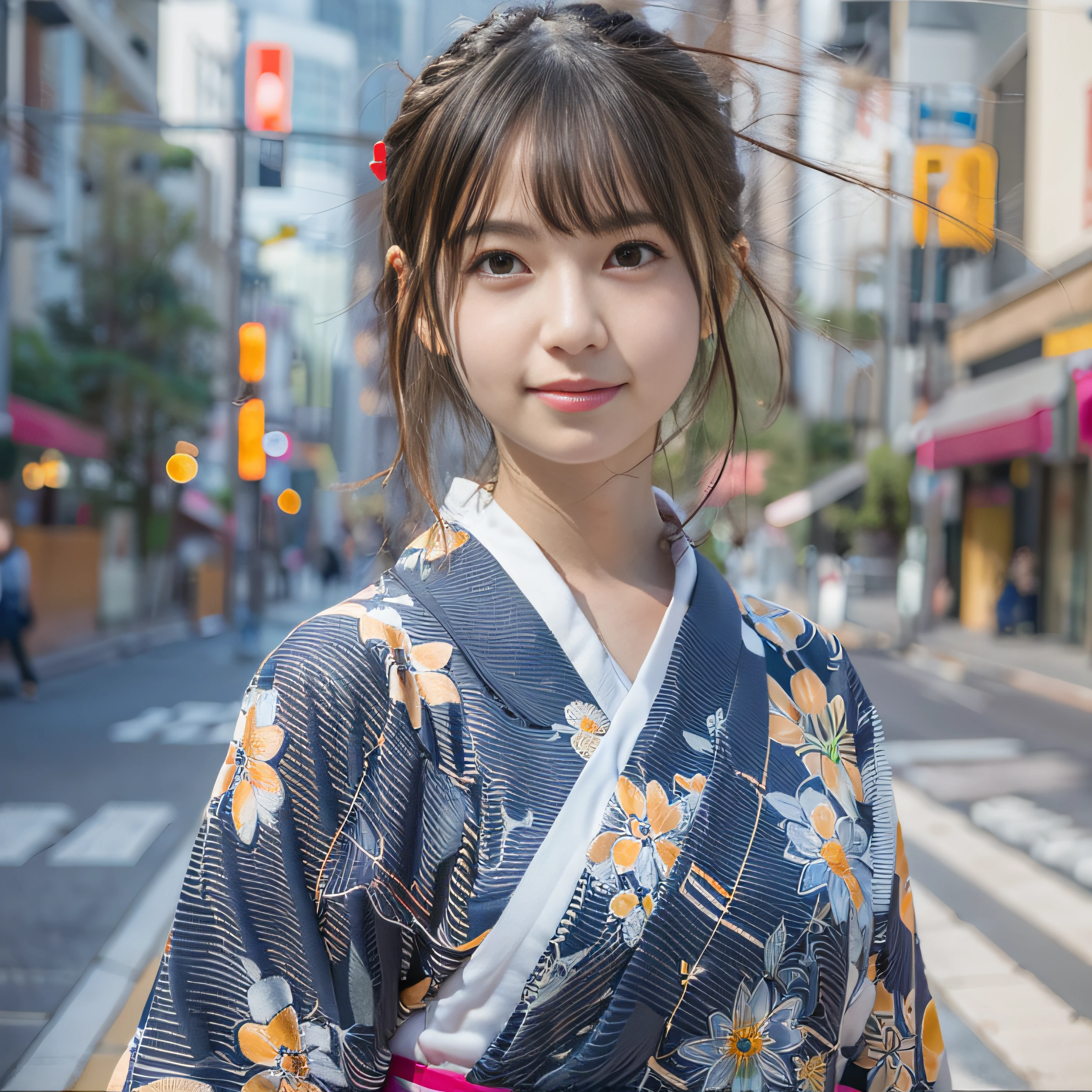 女の子1人、on tokyo street、Summer cityscape、Wearing a Japan yukata、The upper part of the body、a closeup、A smile、、(8K、Raw photography、top-quality、​masterpiece:1.2)、(realisitic、photoRealstic:1.37)、Highly detailed eyelash drawing、(((Top image quality))),Colossal tits、Fine skin, (Beautiful hair), (Perfect Anatomy), (Realistic), (Dynamic Angle), Pose Seductive,Perfect,Sensual look、top-quality、hight resolution、