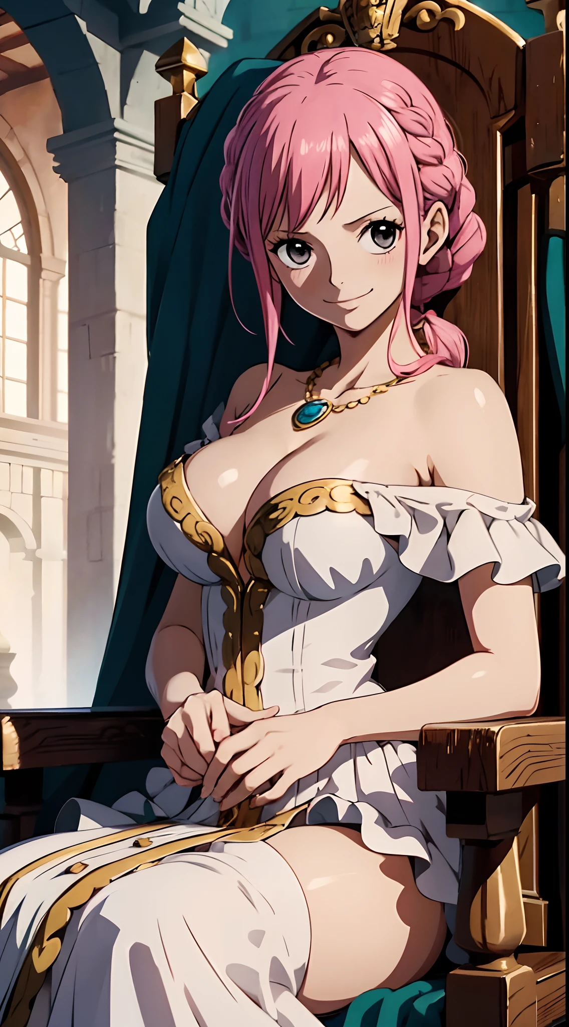 (masterpiece), Rebecca_onepiece, one-girl, little breast, noble clothes, (off shoulder: 1.2), beautiful face, looking at viewer, (smile:1.2), blush, cute pose, indoor, castle, throne, sitting, upper body