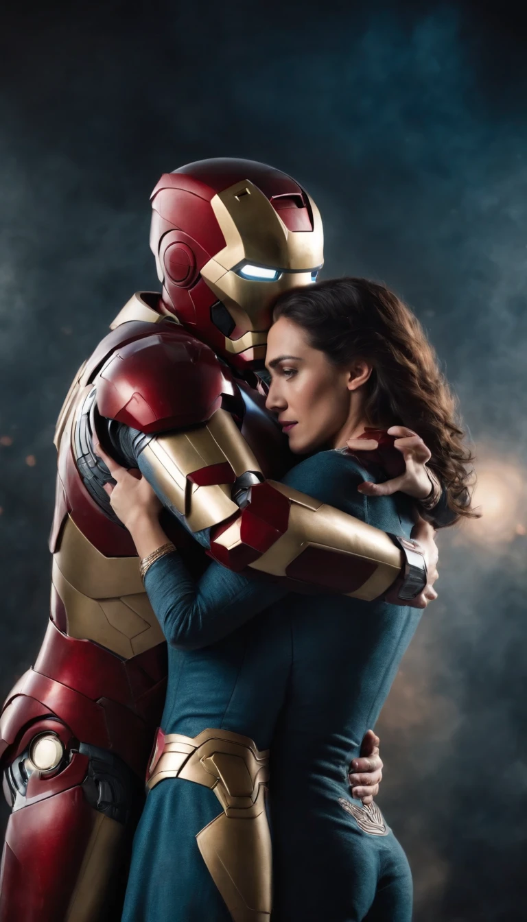 Iron Man Hug Wonder Woman, romantic background.