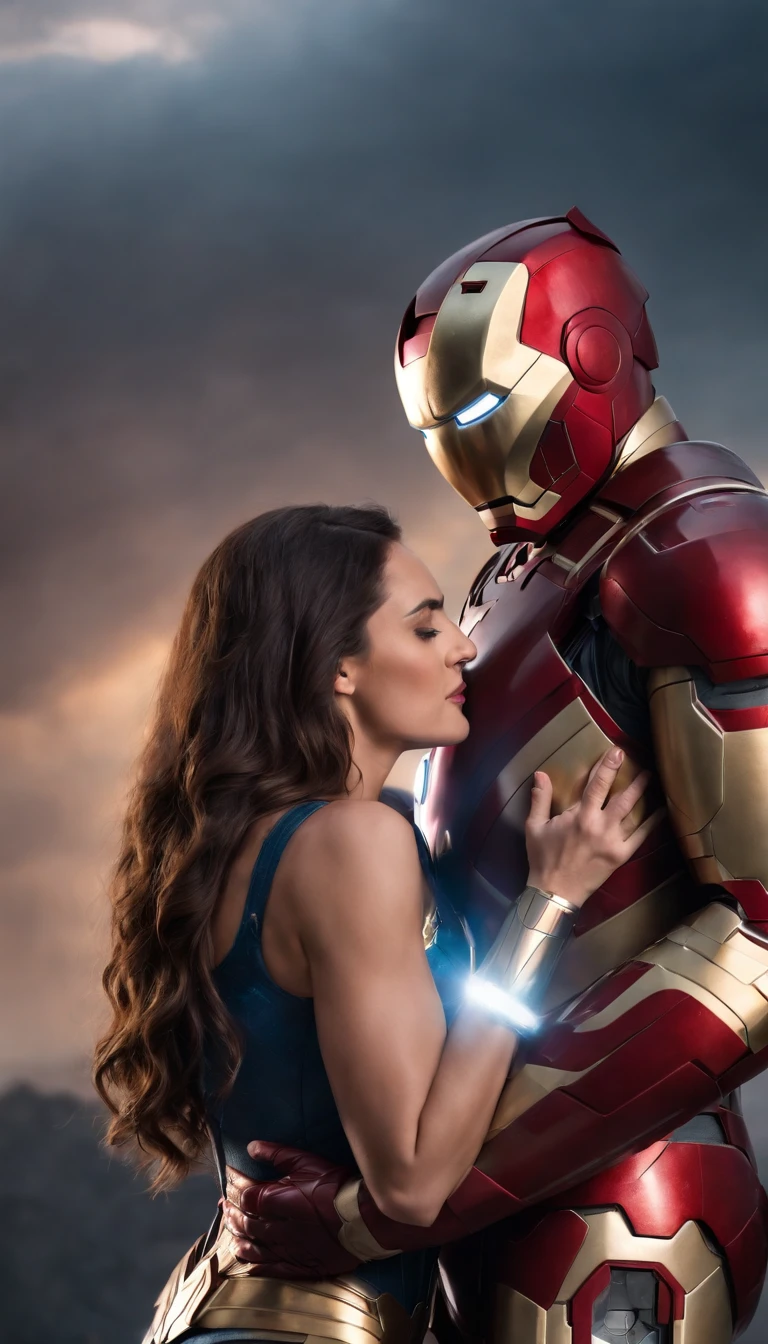 Iron Man Hug Wonder Woman, romantic background.