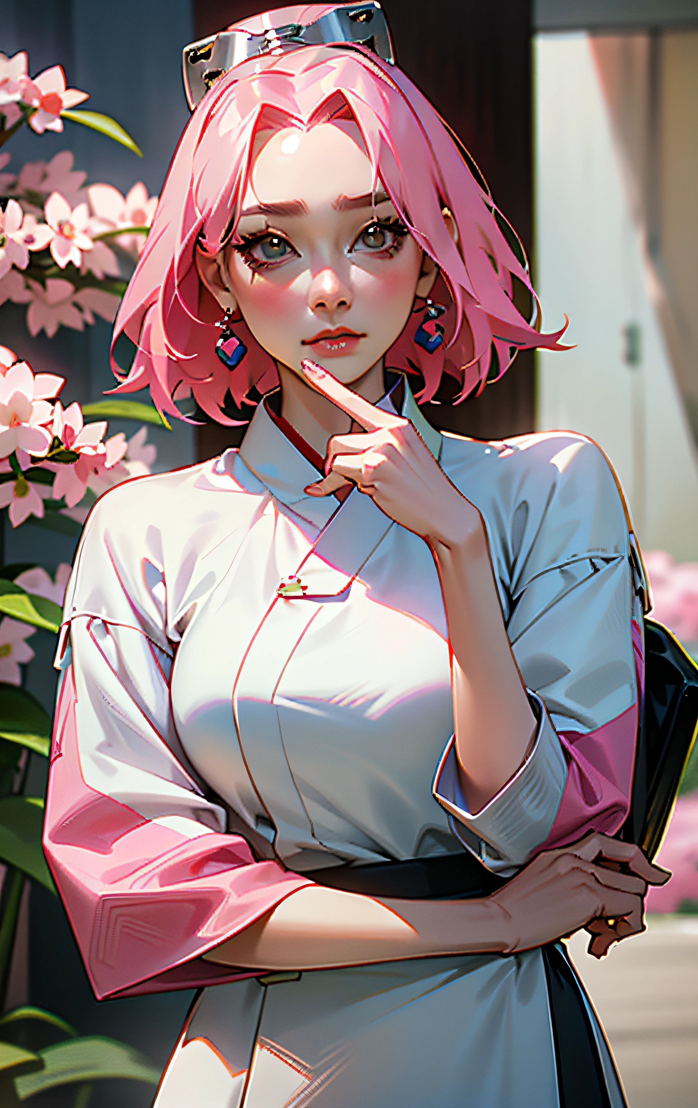 Sakura, in white shirt posing with her hand on her chin, photo of slim girl model, korean women's fashion model, beautiful south korean woman, korean woman, pink hair, beautiful young korean woman, beautiful young korean woman, wenfei ye, xintong chen, lovely young korean face, korean girl, by xia yong, korean face features, korean symmetrical face