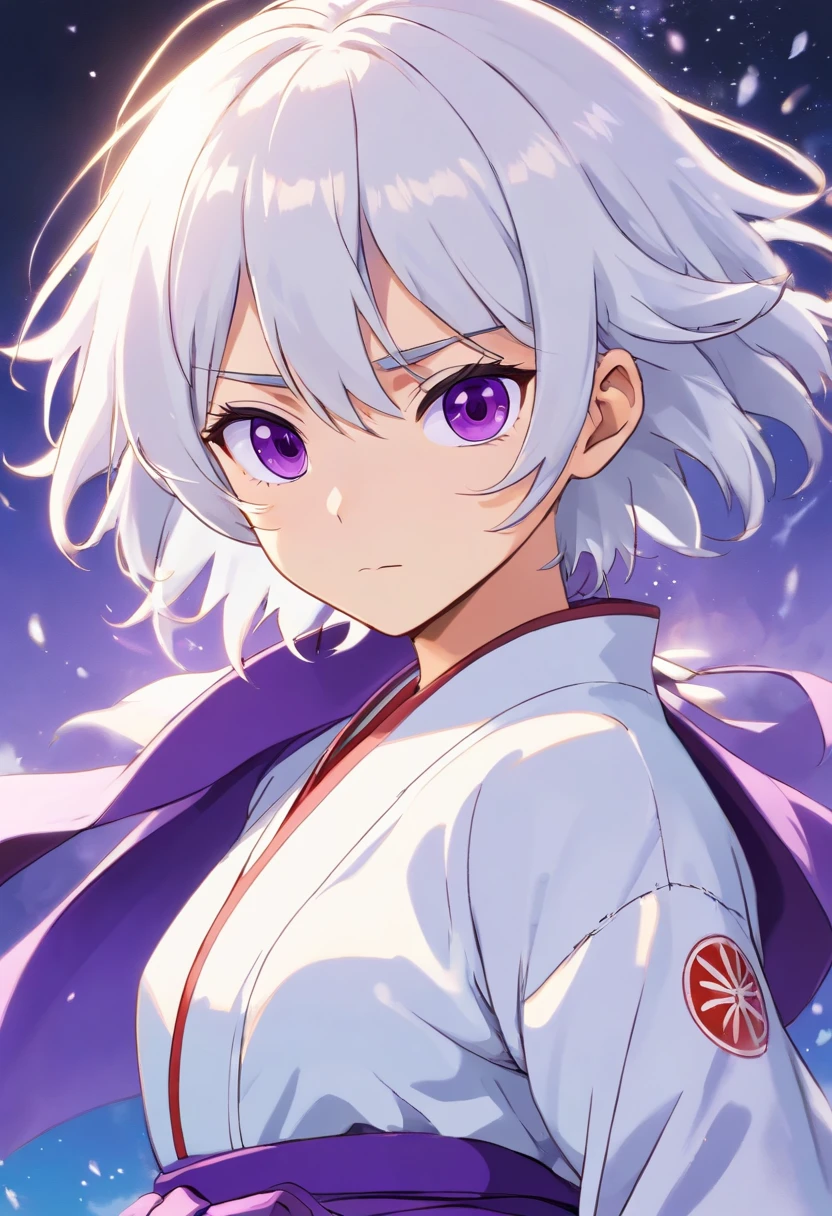 Create an anime-style illustration of a resolute young boy with intricate details. The boy should have (((white hair))), (((purple eyes))), and be dressed in a judo outfit, reflecting his determination. Emphasize his short stature, akin to that of a dwarf, while preserving his youthful appearance. Ensure the artwork is of (((high-quality))) and (((extreme detail))). Capture the unwavering determination in his gaze. Use textures and colors that accentuate the judo outfit's design and make the character's determination shine. Three related artists for this style are Hiromu Arakawa, Katsuhiro Otomo, and Ken Akamatsu
