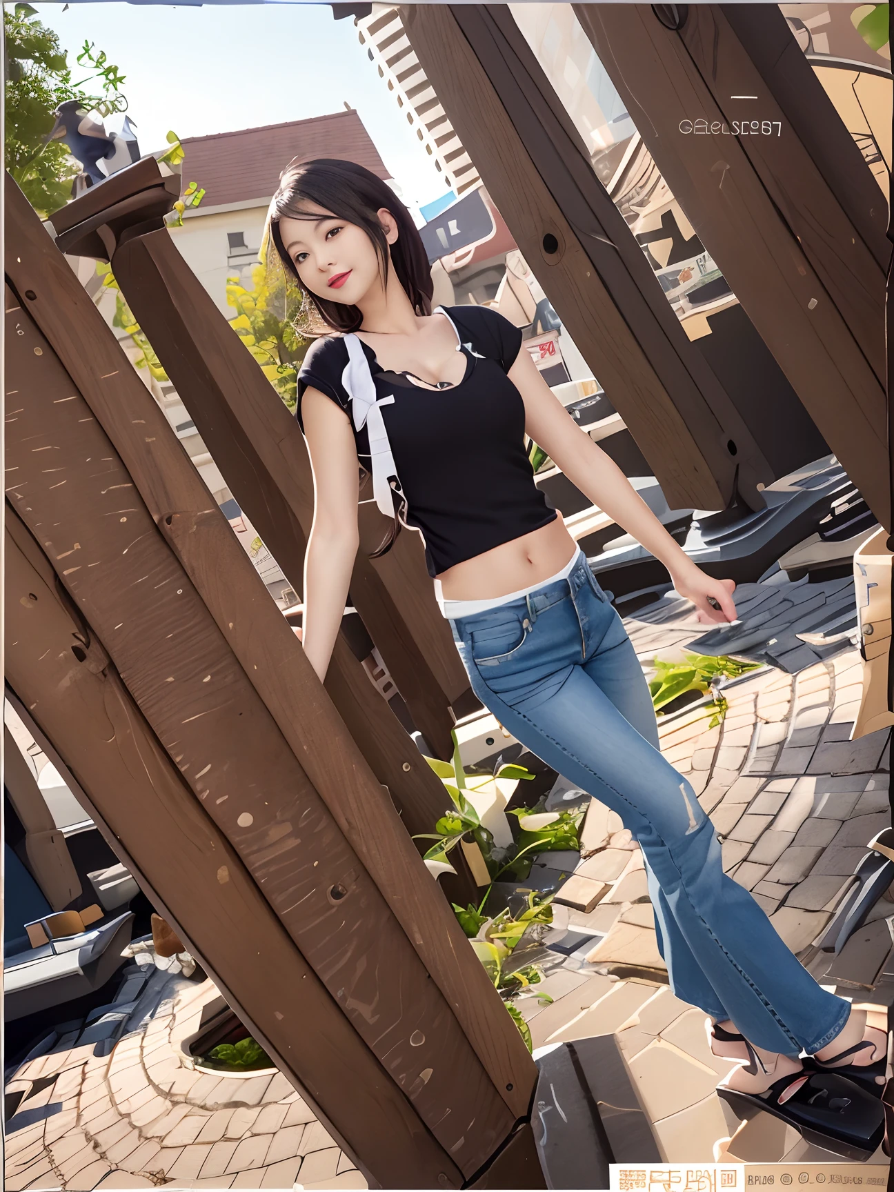 ((Best quality, realisticlying, 8k ultra high definition, Masterpiece: 1.3)), Focus: 1.5, Slim and slim figure,Petite,being thin: 1.4, (long beautiful hair,hair straight,Brown Black,Delicate hair)), (Wet clothes: 1.1) , (rain, the street: 1.3), 1 beautiful maiden(18yr old), 独奏,Black slip sweater, No bra, Raised breasts cleavage, Petite: 1.5, Big breasts Thin waist,Small buttocks,The flat lower abdomen is exposed,Stylish long jeans,(Low Waist),(Open navel), (Branded fashion flared pants:1.2), (Stylish washed blue trousers:1.2),Premium texture: 1.3, High-quality granularity, (Nice little crystal sandals: 1.2), Legs are well-proportioned,Highly detailed face and skin texture,petty face,Super nice looking, Beautiful eyes, 二重まぶた , delicated, beautifuldetails, Fair face and skin, Smile, Toothy,lipsticks,There are dimples,(female focus, waistup & hips focus, close focus, hdr shot), Legs together, varied pose,taken from behind (full bodyesbian: 1.8))
