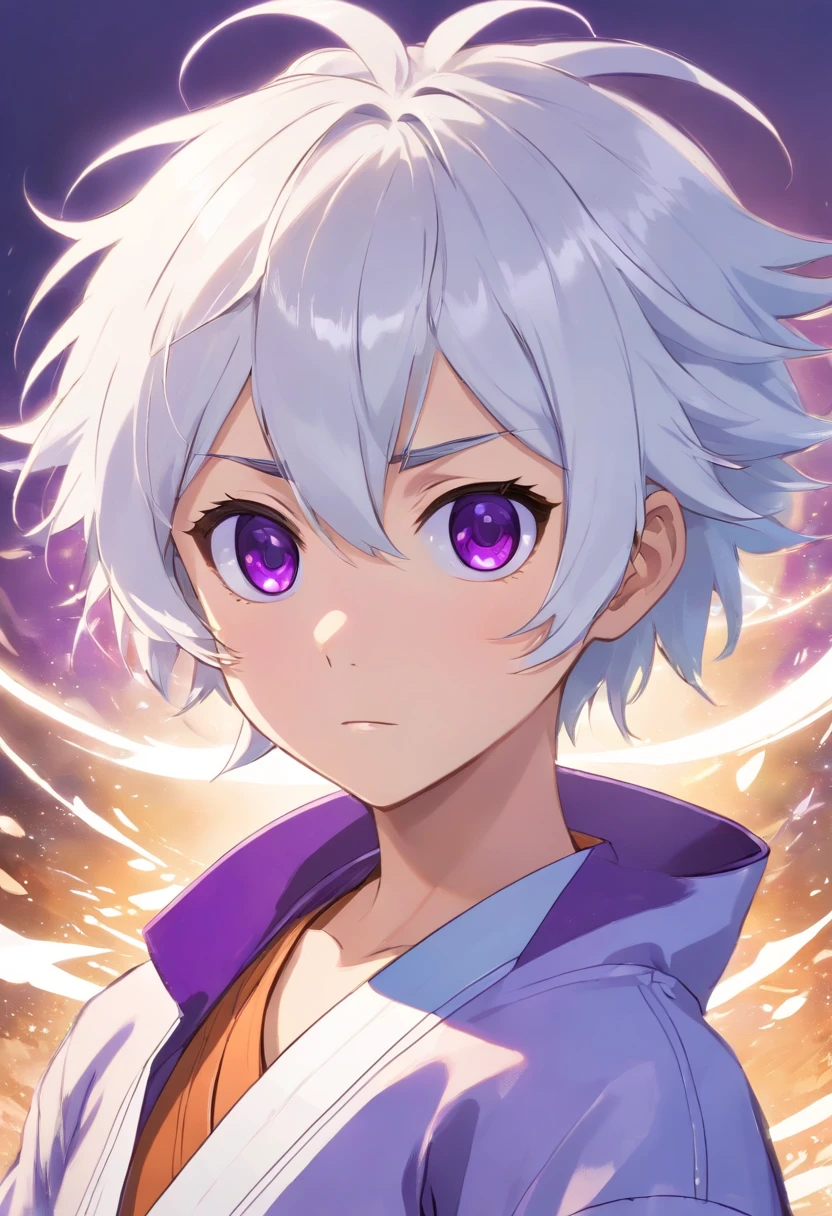 Create an anime-style illustration of a resolute young boy with intricate details. The boy should have (((white hair))), (((purple eyes))), and be dressed in a judo outfit, reflecting his determination. Emphasize his short stature, akin to that of a dwarf, while preserving his youthful appearance. Ensure the artwork is of (((high-quality))) and (((extreme detail))). Capture the unwavering determination in his gaze. Use textures and colors that accentuate the judo outfit's design and make the character's determination shine. Three related artists for this style are Hiromu Arakawa, Katsuhiro Otomo, and Ken Akamatsu