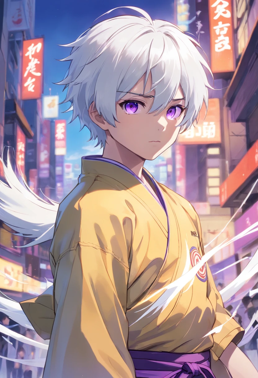 Create an anime-style illustration of a resolute young boy with intricate details. The boy should have (((white hair))), (((purple eyes))), and be dressed in a judo outfit, reflecting his determination. Emphasize his short stature, akin to that of a dwarf, while preserving his youthful appearance. Ensure the artwork is of (((high-quality))) and (((extreme detail))). Capture the unwavering determination in his gaze. Use textures and colors that accentuate the judo outfit's design and make the character's determination shine. Three related artists for this style are Hiromu Arakawa, Katsuhiro Otomo, and Ken Akamatsu