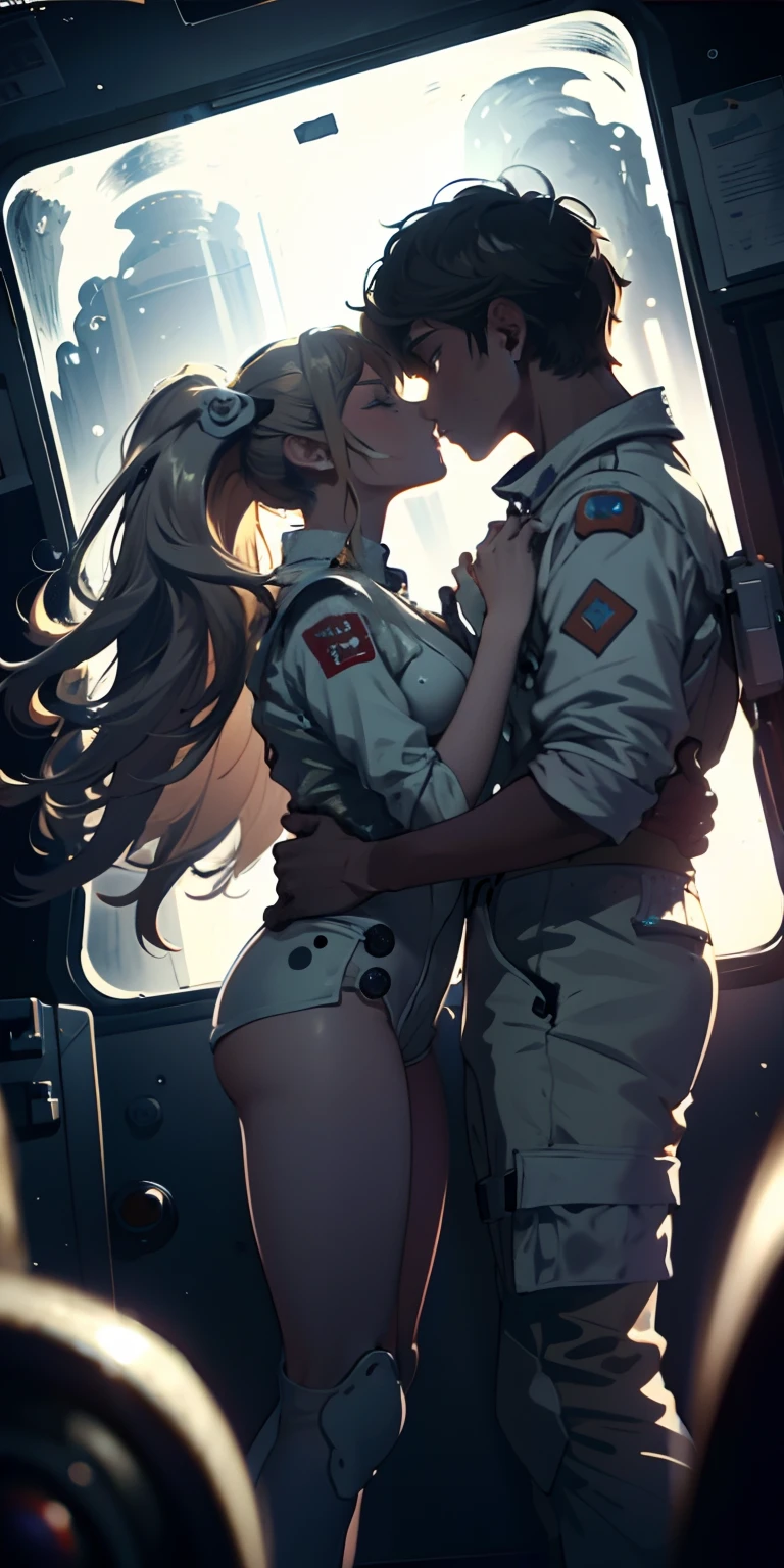 Absurd resolution, high resolution, (masterpiece:1.4), ultra-detailed, 1girl and 1boy kissing, in a spacesuit, seen from above, space, floating, satellite, outer space operation, wide-angle lens distortion
