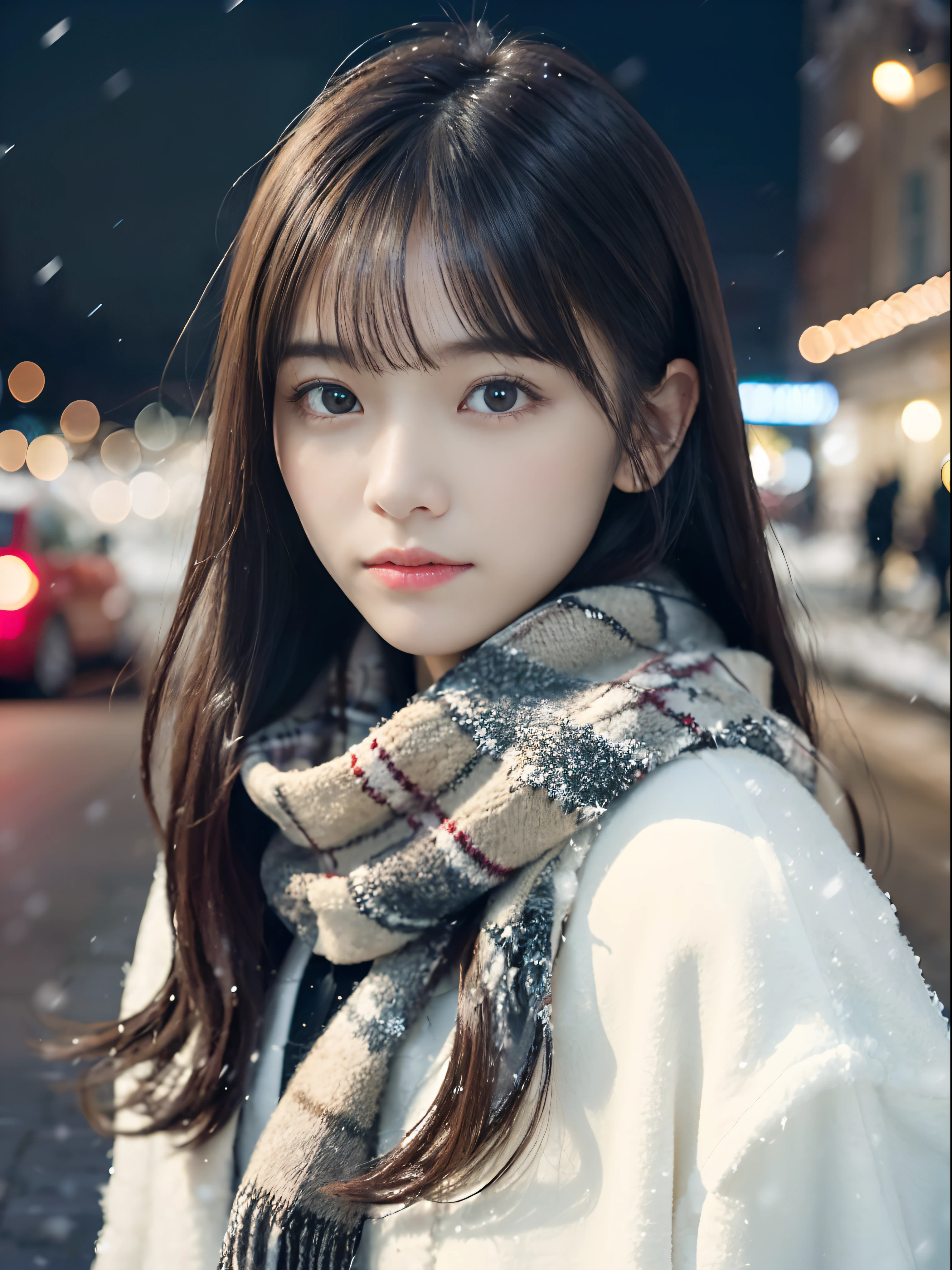 (A close-up of one girl is、Has long hair with dull bangs in winter uniform and a scarf coat:1.5)、(One girl with sad face and hair fluttering in the wind :1.3)、(Snowy winter night street corner with Christmas lights:1.5)、(Perfect Anatomy:1.3)、(No mask:1.3)、(complete fingers:1.3)、Photorealistic、Photography、masutepiece、top-quality、High resolution, delicate and pretty、face perfect、Beautiful detailed eyes、Fair skin、Real Human Skin、pores、((thin legs))、(Dark hair)