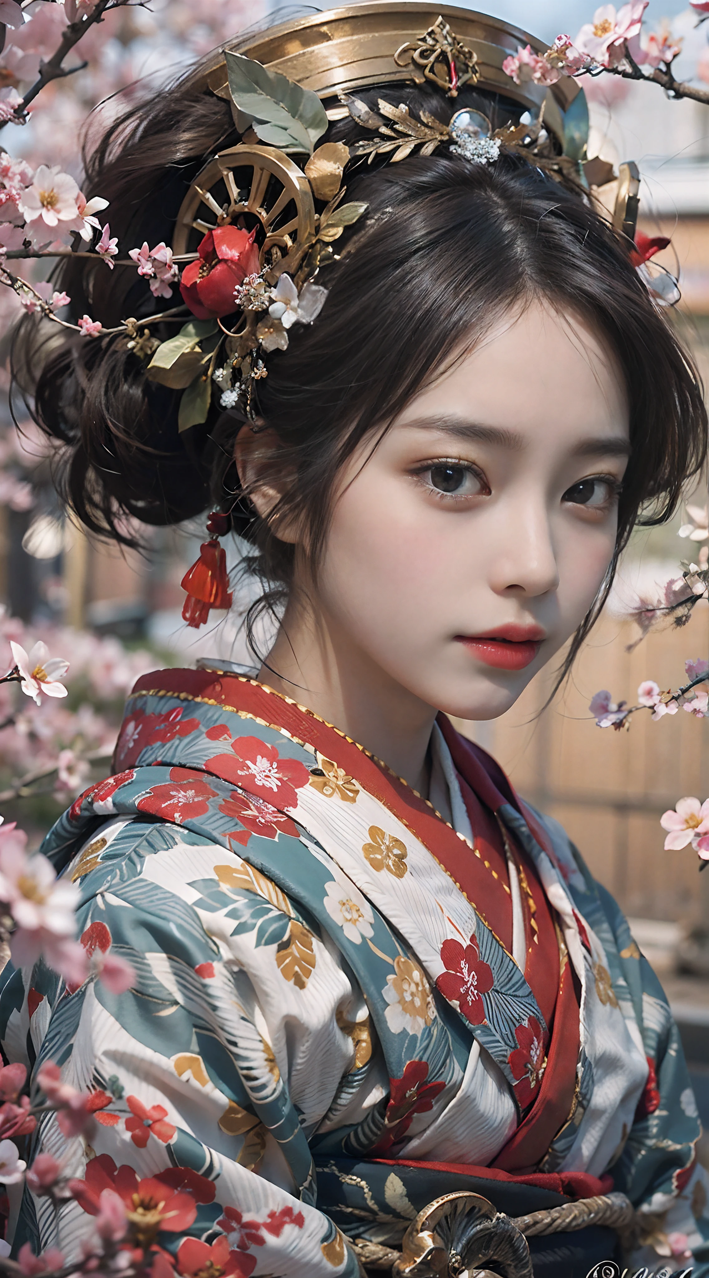 In a futuristic scene, Geisha in Japan with mechanical reinforcement、Elegant in elaborate gardens. She has beautifully detailed eyes and lips that complement her face. Geishas wear traditional kimonos with intricate patterns and designs. Around her are bright cherry trees and a quiet carp pond. The scene is painted with a blend of illustration and photorealism, Ultra-detailed brush strokes and clarity, Vivid colors. Lighting emphasizes the elegant features of the geisha, Gives her porcelain skin a soft glow. Artwork is of the highest quality, 4K or 8K resolution, Showcase the intricate details of geisha attire, cherry trees, And the shimmering scales of carp. The overall color scheme is、It is a combination of traditional shades of Japan, Crimson, etc., blacks, and subtle gold accents, With a futuristic twist. The fusion of ancient traditions and modern technology is、Create captivating and visually striking masterpieces.