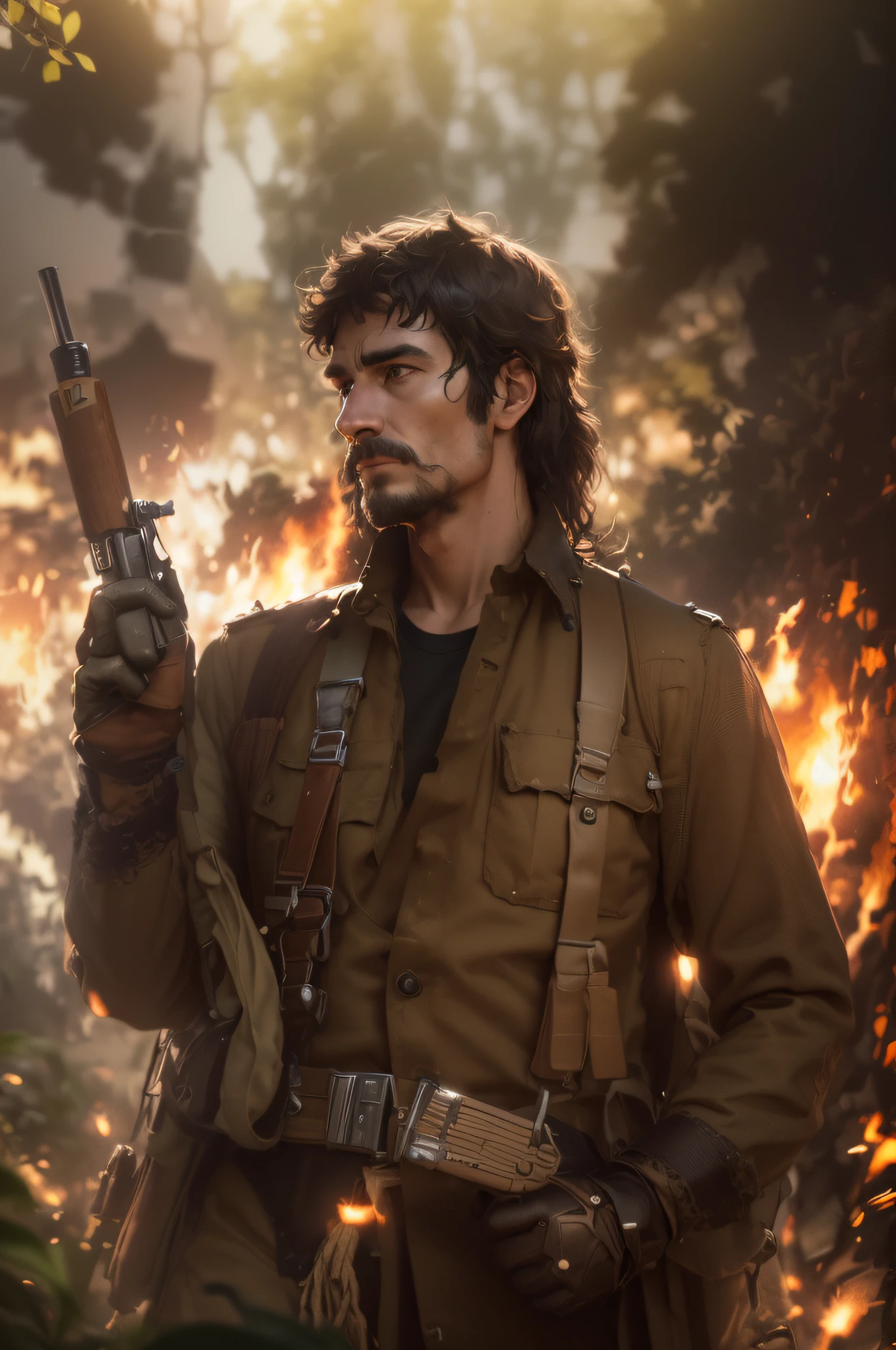 (Professional 3D Rendering:1.3), (Realistic:1.3), ((Best Quality)), ((Masterpiece)), (Highly Detailed: 1.4), (Hyperrealistic), ((Best Quality)), (( Masterpiece)), (Highly detailed: 1.3), (realistic), (photorealistic), (high dynamic range), 8k, Highly detailed, ultra-high resolution, Keep the idea, keep the forms, mature man, soldier, Male soldier, Latin face, has a scout hat, brown color, brown military uniform, highly detailed hands, gloved hands, holds a rifle, background image, ultra detailed jungle, a lot of fire, fire
