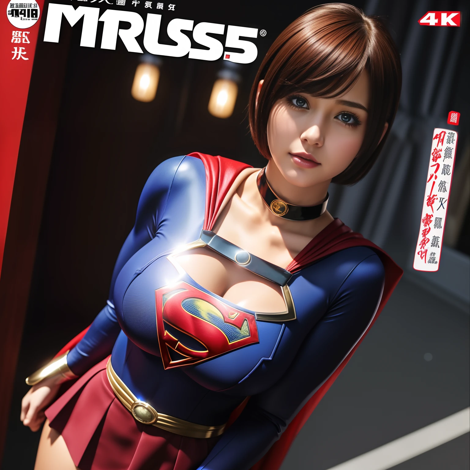 (Best Quality,4K,8K,hight resolution,masutepiece:1.2),Ultra-detailed,Realistic:1.37,Super masterpiece,Short-haired Supergirl、large full breasts、Looking at the camera、Glossy costume、a choker、Too short miniskirt、Magazine covers、