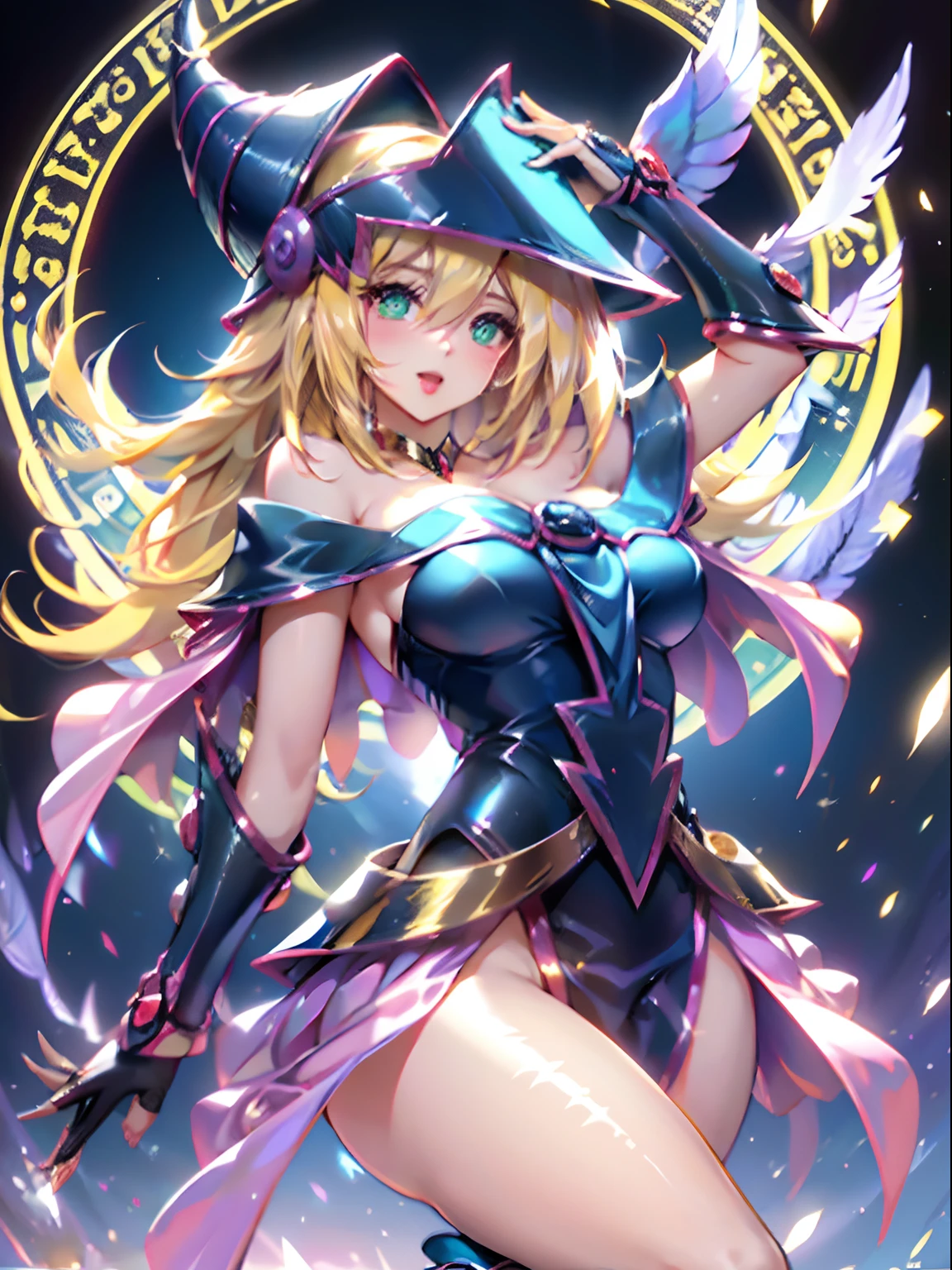 1 mujer dark magician:2 Celestial angel version:1 extendiendo sus alas:3 con un abrigo de plumas blancas, Alas llenas de espalda, Halo radiante, Cabello largo que fluye, Mechanical wings dancing delicately at the waist, Figura mediana, Ombligo hundido, curtains of white feathers in the pelvis moving slightly, mini alas salpicando el cuerpo, multiple wings that emit a yellow glow, fuego amarillo suave entre las alas. Beautiful dark magician girl celestial angel version.