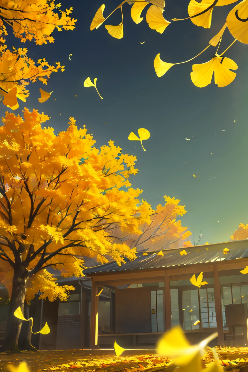A few large ginkgo leaves are captured in the center., Ginkgo tree, Create a captivating depiction of autumn, autumnal,Draw landscapes only,