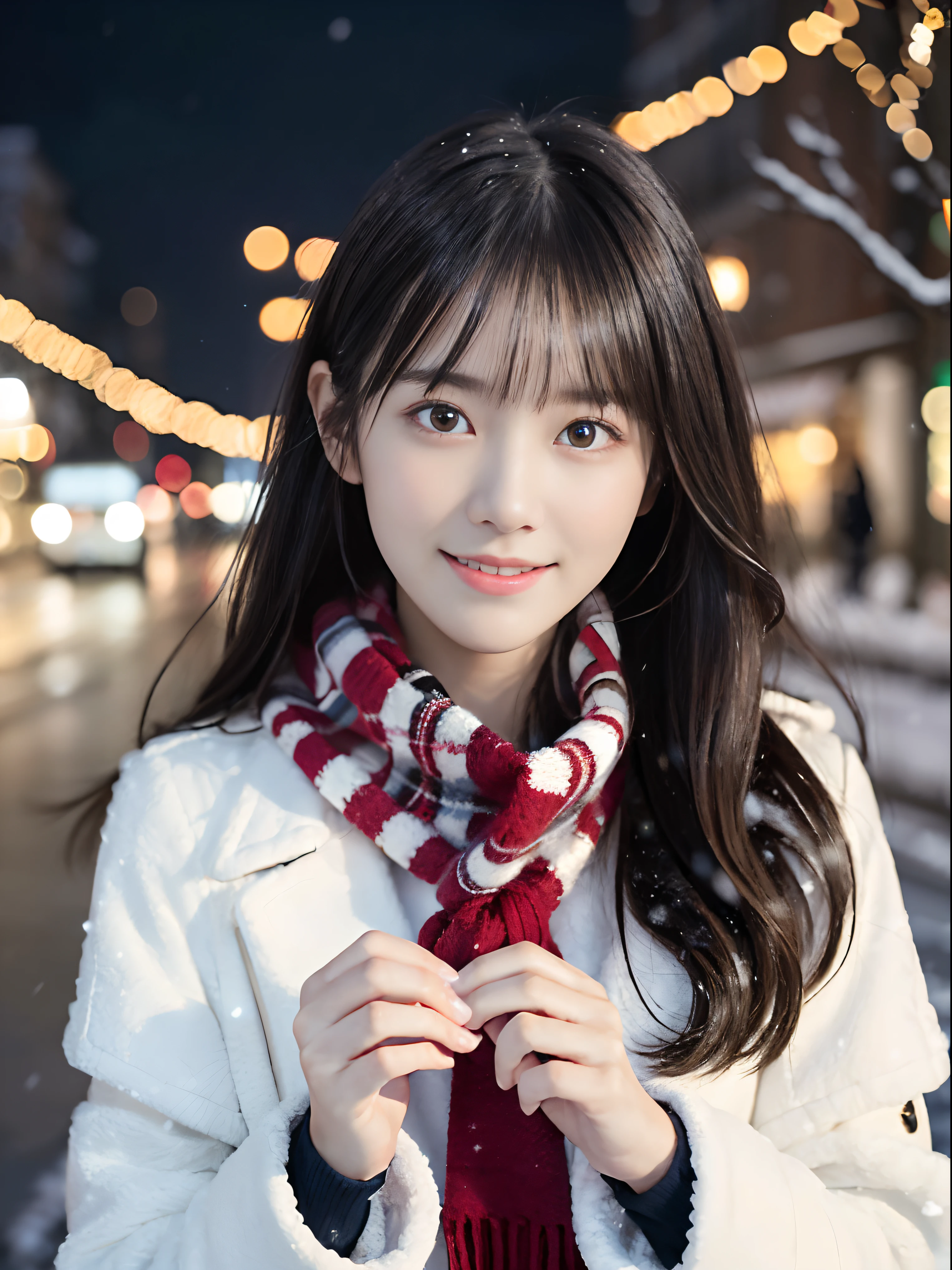 (Close-up portrait of one girl has long hair with dull bangs in a winter uniform and scarf coat:1.5)、(One girl has a gift box with a shy smile and her hair fluttering in the wind :1.3)、(Snowy winter night street corner with Christmas lights:1.5)、(Perfect Anatomy:1.3)、(No mask:1.3)、(complete fingers:1.3)、Photorealistic、Photography、masutepiece、top-quality、High resolution, delicate and pretty、face perfect、Beautiful detailed eyes、Fair skin、Real Human Skin、pores、((thin legs))、(Dark hair)