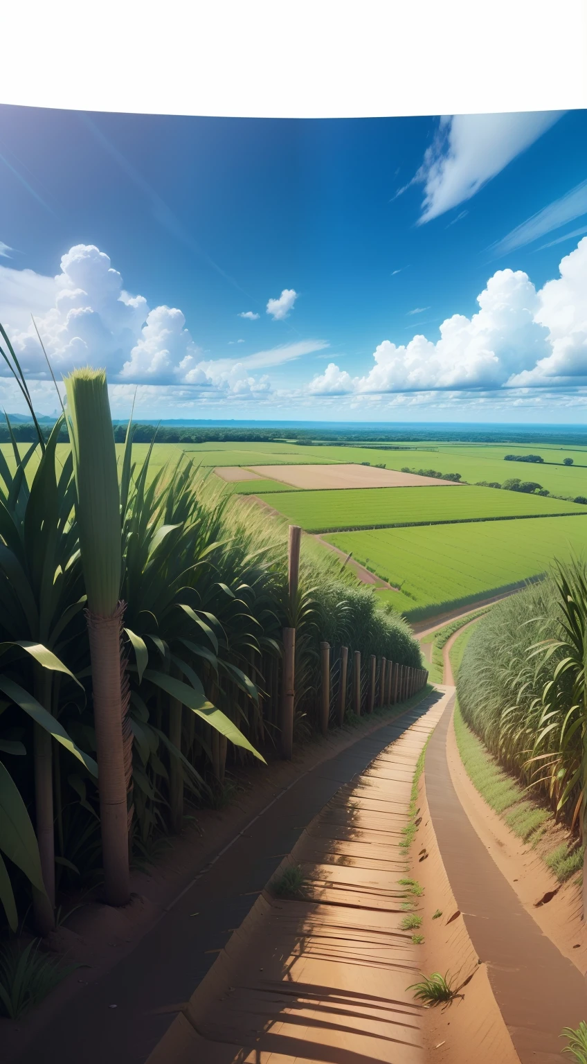 (the same image in widescreen, sugarcane field,cartoon, 1920x1080, widescreen, background, In 4K resolution ,cartoon Shows the beautiful blue sky)