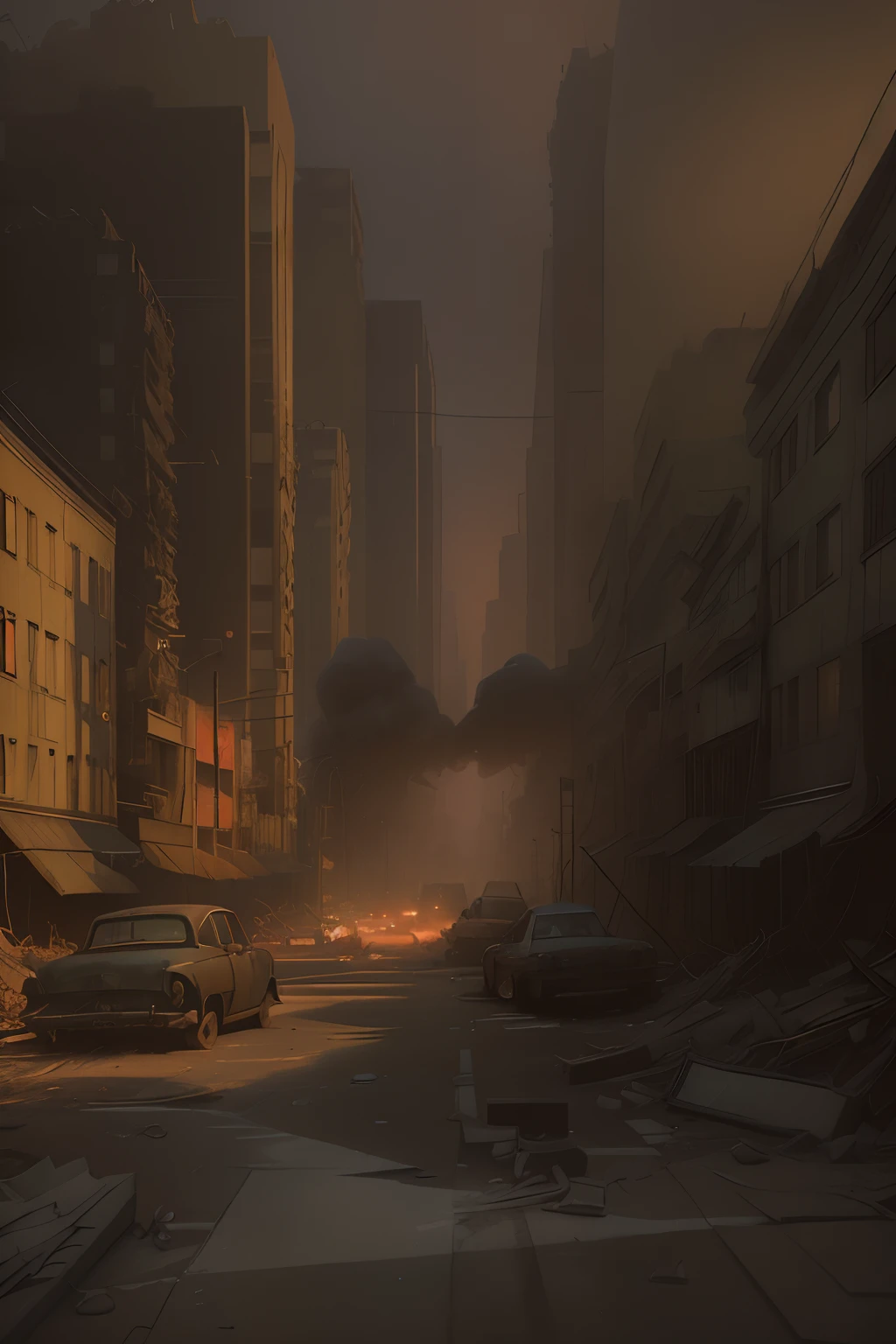 city destroyed in the background, post apocalyptic street, gloomy apocalyptic environment, cars destroyed, zombies dead, background smoke