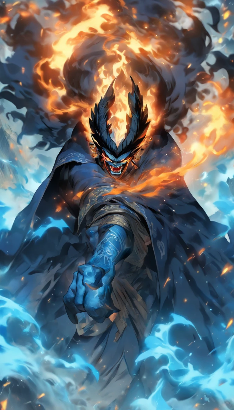 homem de meia-idade, Estilo de pintura do mal, A high resolution, cabelos de cor preta, Half of the demon's body and half of the demon's face, chinese warrior, Delicate three-dimensional blue flame demon face, barba, wearing a hat, expression of anger, perfect body proportions, Kaftan, Black and white robes, Uma bainha pende de sua cintura, Handsome, whole body view, standing on her feet, （fundo branco：1.3）, espadachim, He held a long, heavy knife in his hand, Encare a lente, （Roupas pretas：0.8）, High detail, master part, ccurate, anatomicamente correto, pele texturizada