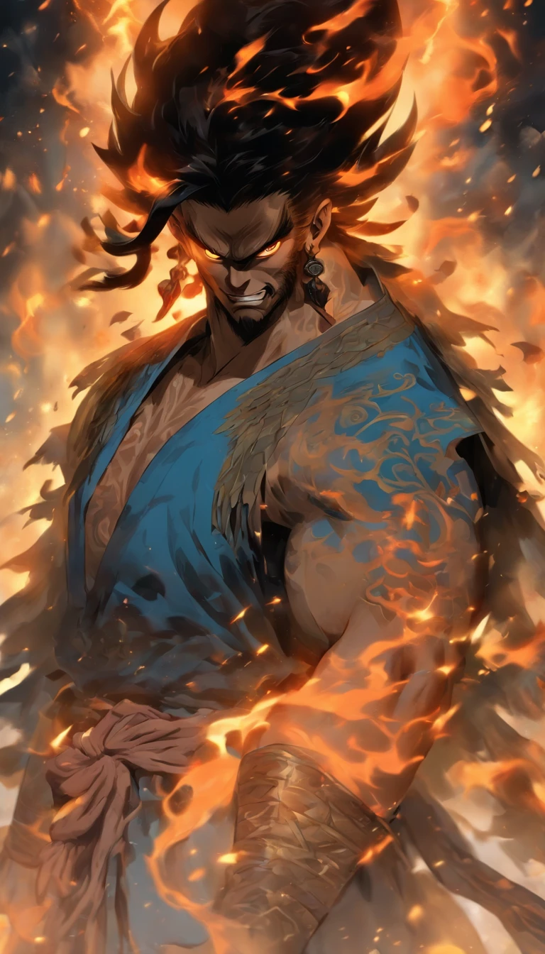 homem de meia-idade, Estilo de pintura do mal, A high resolution, cabelos de cor preta, Half of the demon's body and half of the demon's face, chinese warrior, Delicate three-dimensional blue flame demon face, barba, wearing a hat, expression of anger, perfect body proportions, Kaftan, Black and white robes, Uma bainha pende de sua cintura, Handsome, whole body view, standing on her feet, （fundo branco：1.3）, espadachim, He held a long, heavy knife in his hand, Encare a lente, （Roupas pretas：0.8）, High detail, master part, ccurate, anatomicamente correto, pele texturizada