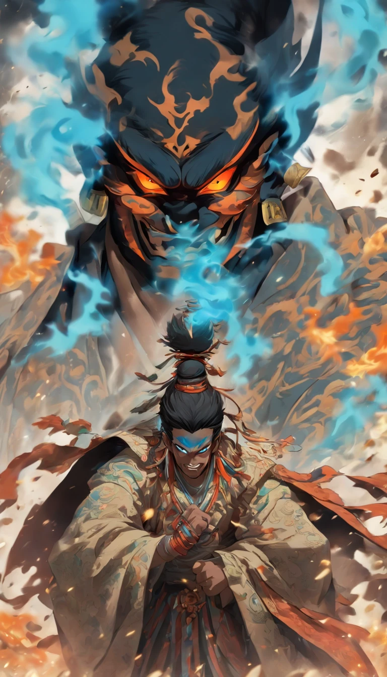 homem de meia-idade, Estilo de pintura do mal, A high resolution, cabelos de cor preta, Half of the demon's body and half of the demon's face, chinese warrior, Delicate three-dimensional blue flame demon face, barba, wearing a hat, expression of anger, perfect body proportions, Kaftan, Black and white robes, Uma bainha pende de sua cintura, Handsome, whole body view, standing on her feet, (fundo branco:1.3), espadachim, He held a long, heavy knife in his hand, Encare a lente, (Roupas pretas:0.8), High detail, master part, ccurate, anatomicamente correto, pele texturizada
