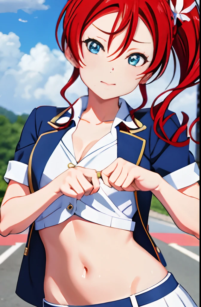 Love Live Superstar、Members of School Idol Liera、Mei Yonejo、Red hair and side tail、  Uniform with navel out、Face forward and show your navel to this side、standing straight ahead.Front Angle、blazers、lowrise.Midriff