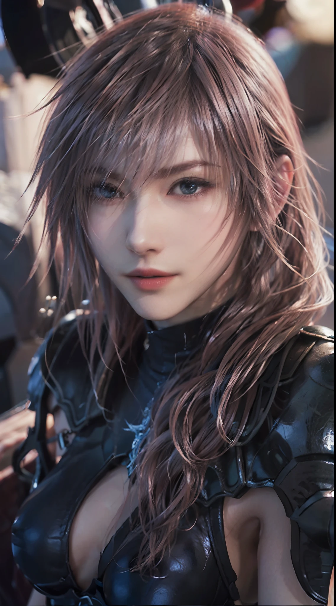 Trending on ArtStation, Trending on CGSociety, Intricate, High Detail, Sharp Focus, f 1.8, Dramatic, starry night sky, Lightning of Final Fantasy XIII, Lightning's original Final fantasy XII costume, red and black themed costume, looking at the camera, closed-mouth smile,20 years old, mature looking, Realistic Art of Drawing by Midjourney and Greg Rutkowski, Sketch, Masterpiece, Best Quality, short black hair, Very Detailed, 1female, Half-body, head to bust image scope, standing position, Beautiful Meticulous Eyes, Cute Face, Bust, big bossoms, Beautiful Meticulous Face, (Botanical Illustration: 1.5), no pornographical exposure, bigger breasts