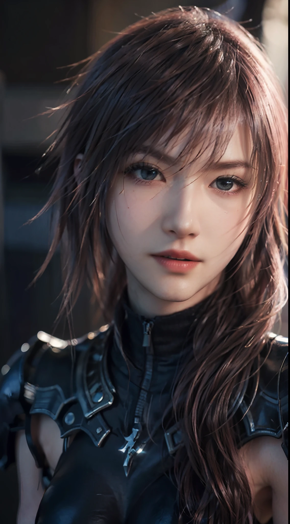 Trending on ArtStation, Trending on CGSociety, Intricate, High Detail, Sharp Focus, f 1.8, Dramatic, starry night sky, Lightning of Final Fantasy XIII, Lightning's original Final fantasy XII costume, red and black themed costume, looking at the camera, closed-mouth smile,20 years old, mature looking, Realistic Art of Drawing by Midjourney and Greg Rutkowski, Sketch, Masterpiece, Best Quality, short black hair, Very Detailed, 1female, Half-body, head to bust image scope, standing position, Beautiful Meticulous Eyes, Cute Face, Bust, big bossoms, Beautiful Meticulous Face, (Botanical Illustration: 1.5), no pornographical exposure, bigger breasts