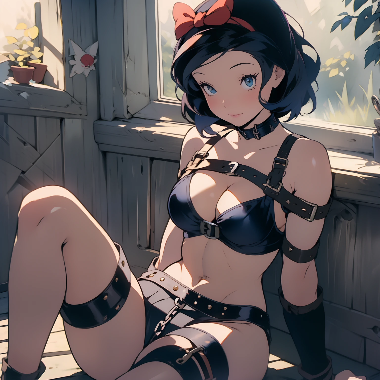 (masterpiece, best quality) ( 1girl, solo ) snow white, modern disney style, cartoon style, red bow, blue eyes, short black hair, sitting on a window sill with a black bra and cuffs, wrapped in leather straps, leather cuffs around wrists, shibari, restrained, harnesses and garters, handcuffed, handcuffs,  dominant pose, sexy dominant pose, chained