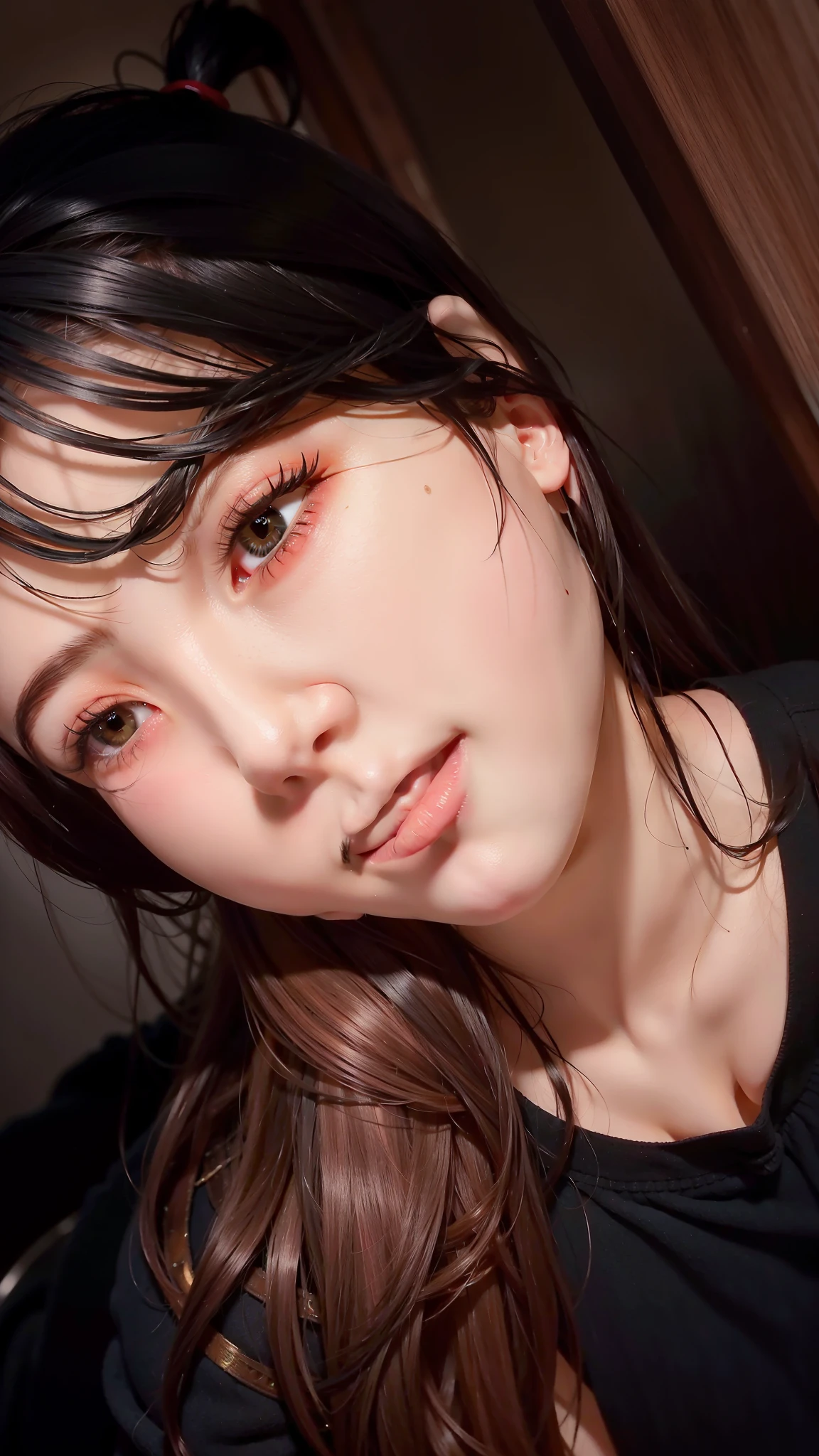 there is a woman with long hair and a black shirt, chiho, wan adorable korean face, 2 7 years old, heonhwa choe, 8k selfie photograph, 1 8 yo, young cute wan asian face, taken with sony alpha 9, korean girl, profile pic, young adorable korean face, profile image, asian face