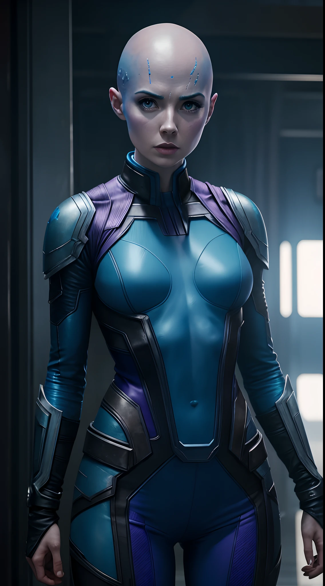 Karen Gillan is Nebula bald woman with blue skin guardians of the galaxy Marvel, 35mm lens, photography, ultra details, HDR, UHD,8K