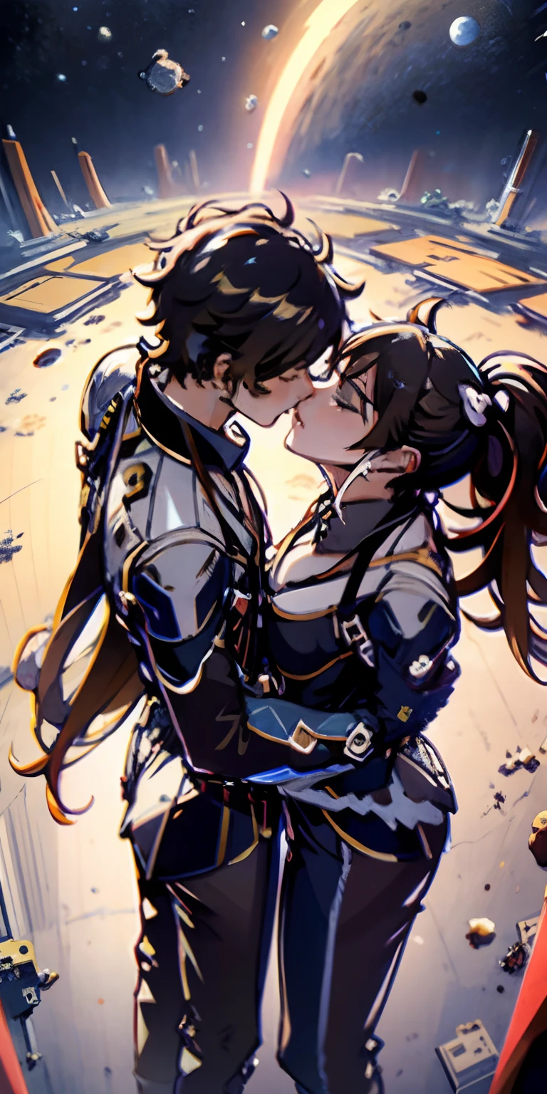 Absurd resolution, high resolution, (masterpiece:1.4), ultra-detailed, 1girl and 1boy kissing, in a spacesuit, seen from above, space, floating, satellite, outer space operation, wide-angle lens distortion