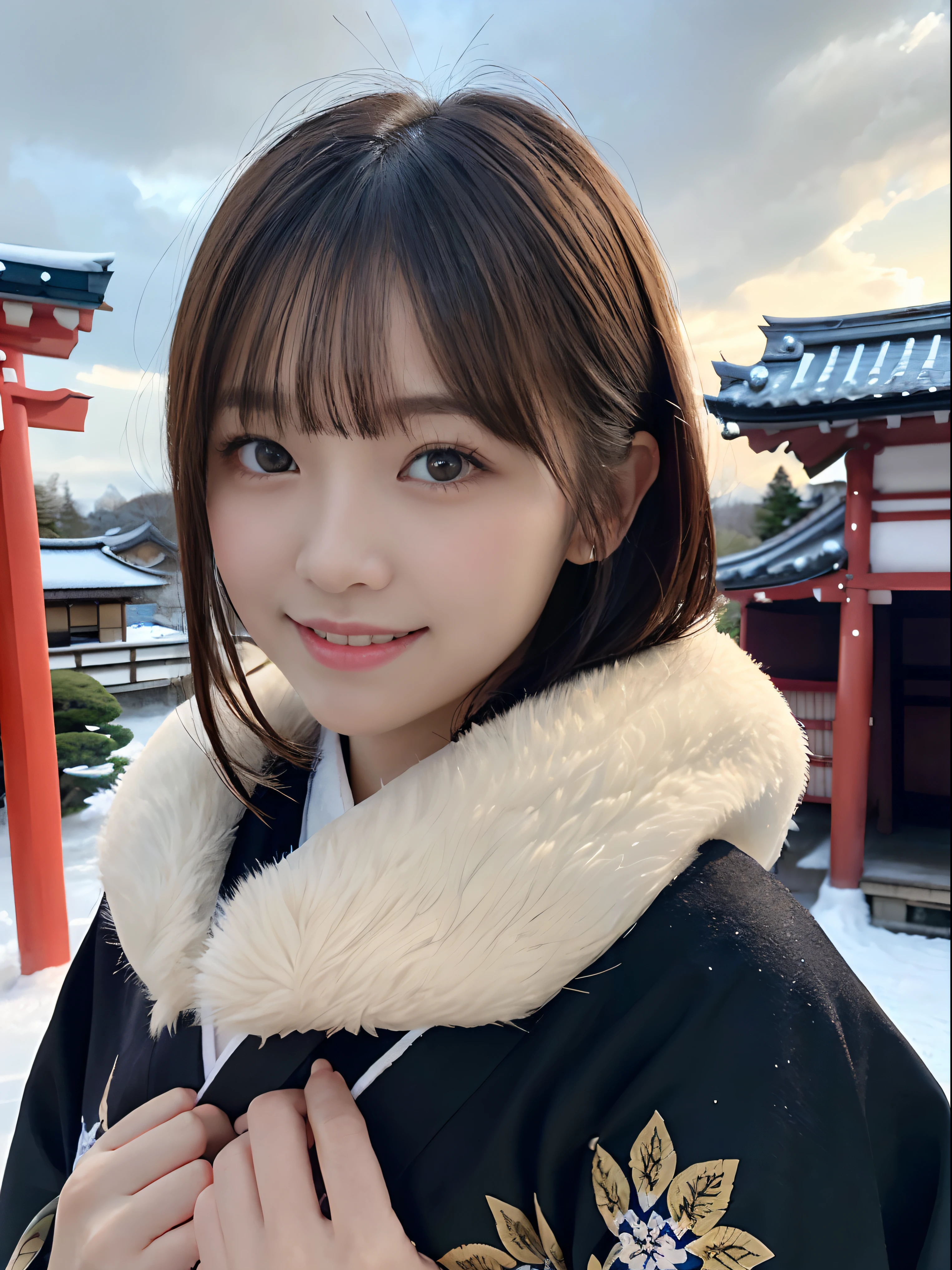 (Close up portrait of girl with dull bangs dumpling hair in beautiful glamorous kimono with fur scarf:1.5)、(One of the girls enshrining the shrine of Japan with a smile:1.3)、(A shrine in Japan with a winter sky:1.5)、(Perfect Anatomy:1.3)、(No mask:1.3)、(complete fingers:1.3)、Photorealistic、Photography、masutepiece、top-quality、High resolution, delicate and pretty、face perfect、Beautiful detailed eyes、Fair skin、Real Human Skin、pores、((thin legs))、(Dark hair)