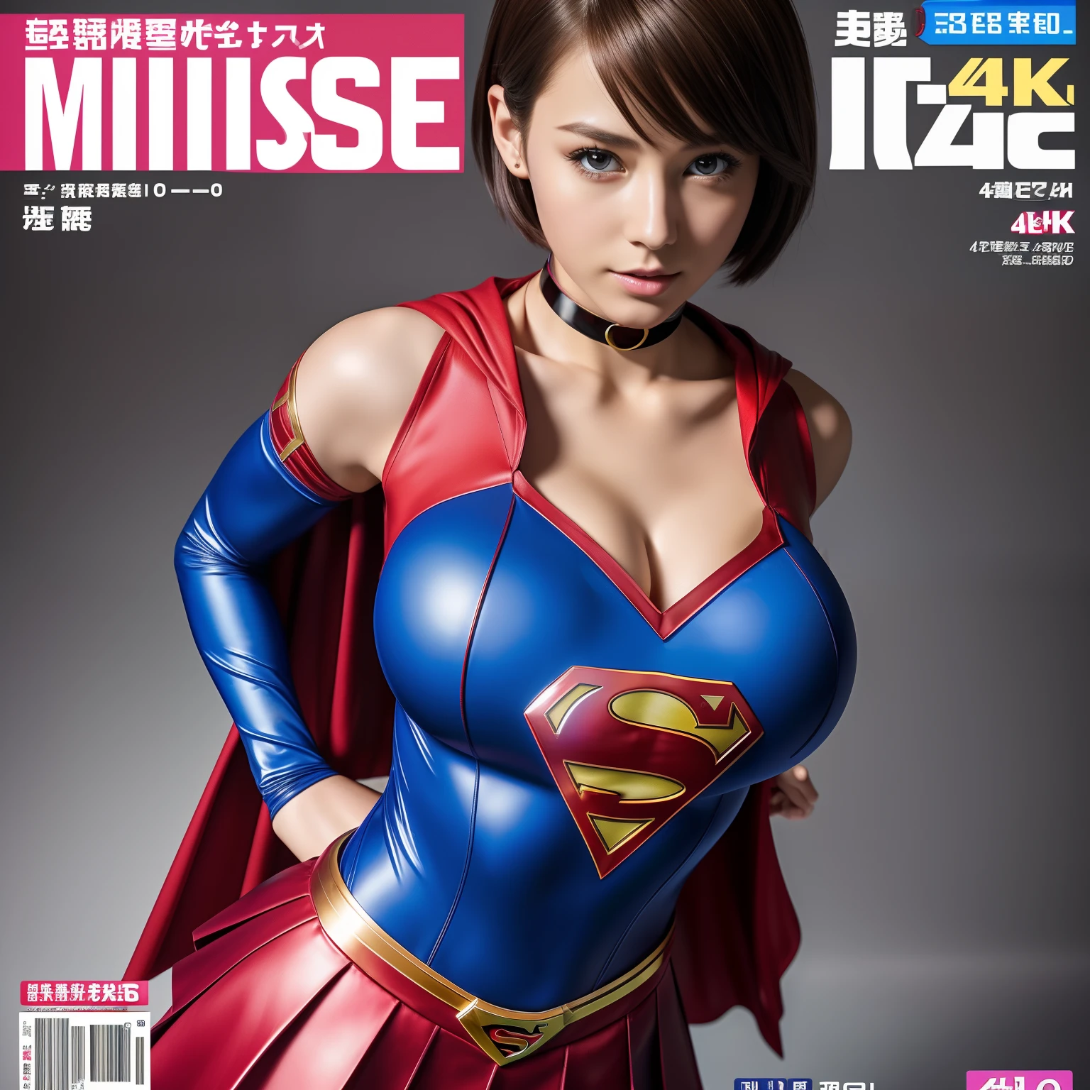 (Best Quality,4K,8K,hight resolution,masutepiece:1.2),Ultra-detailed,Realistic:1.37,Super masterpiece,Short-haired Supergirl、large full breasts、Looking at the camera、Glossy costume、a choker、Too short miniskirt、Magazine covers、Weekly Magazine