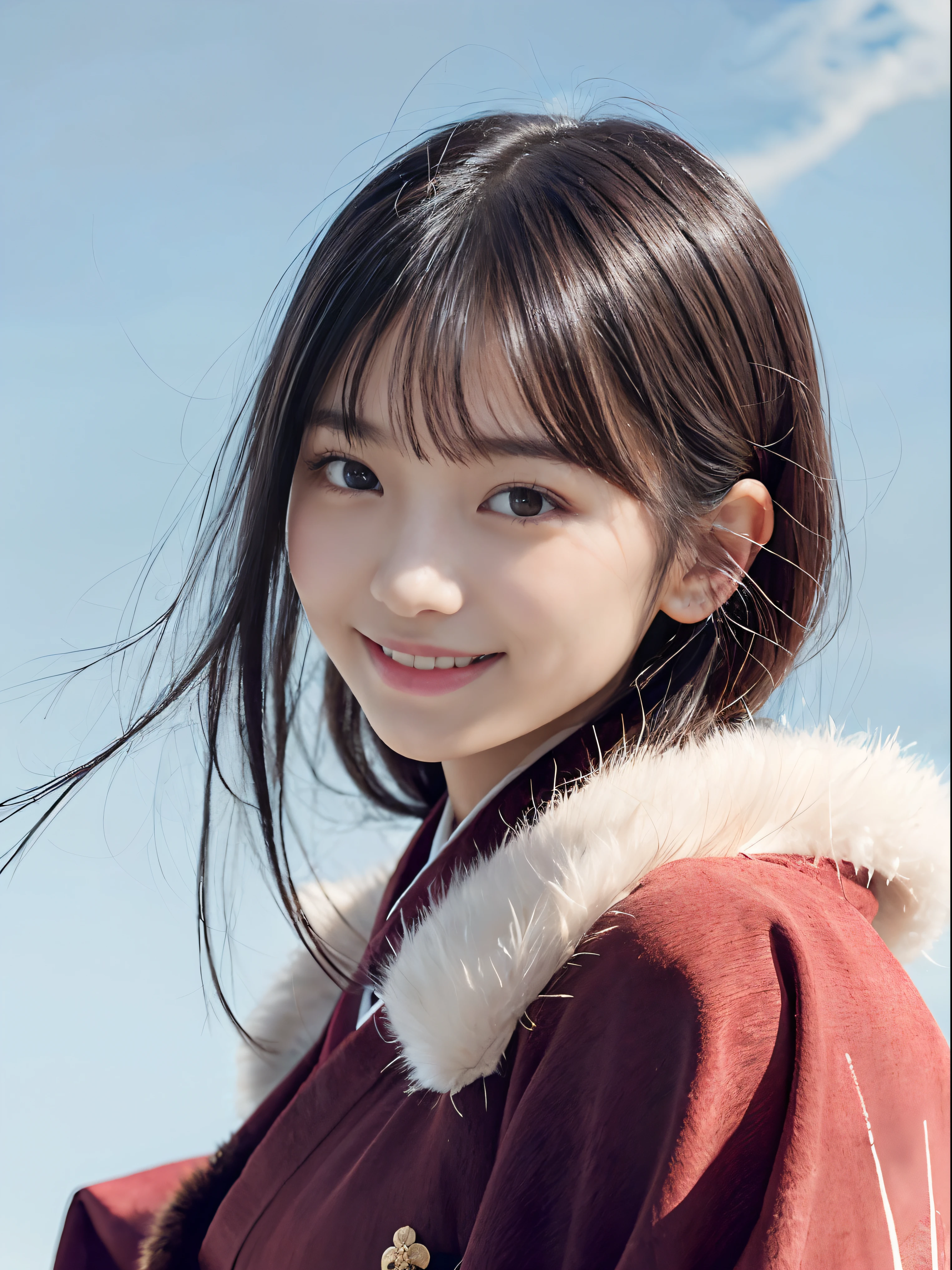 (Close up portrait of girl with dull bangs dumpling hair in beautiful glamorous kimono with fur scarf:1.5)、(One of the girls enshrining the shrine of Japan with a smile:1.3)、(A shrine in Japan with a winter sky:1.5)、(Perfect Anatomy:1.3)、(No mask:1.3)、(complete fingers:1.3)、Photorealistic、Photography、masutepiece、top-quality、High resolution, delicate and pretty、face perfect、Beautiful detailed eyes、Fair skin、Real Human Skin、pores、((thin legs))、(Dark hair)