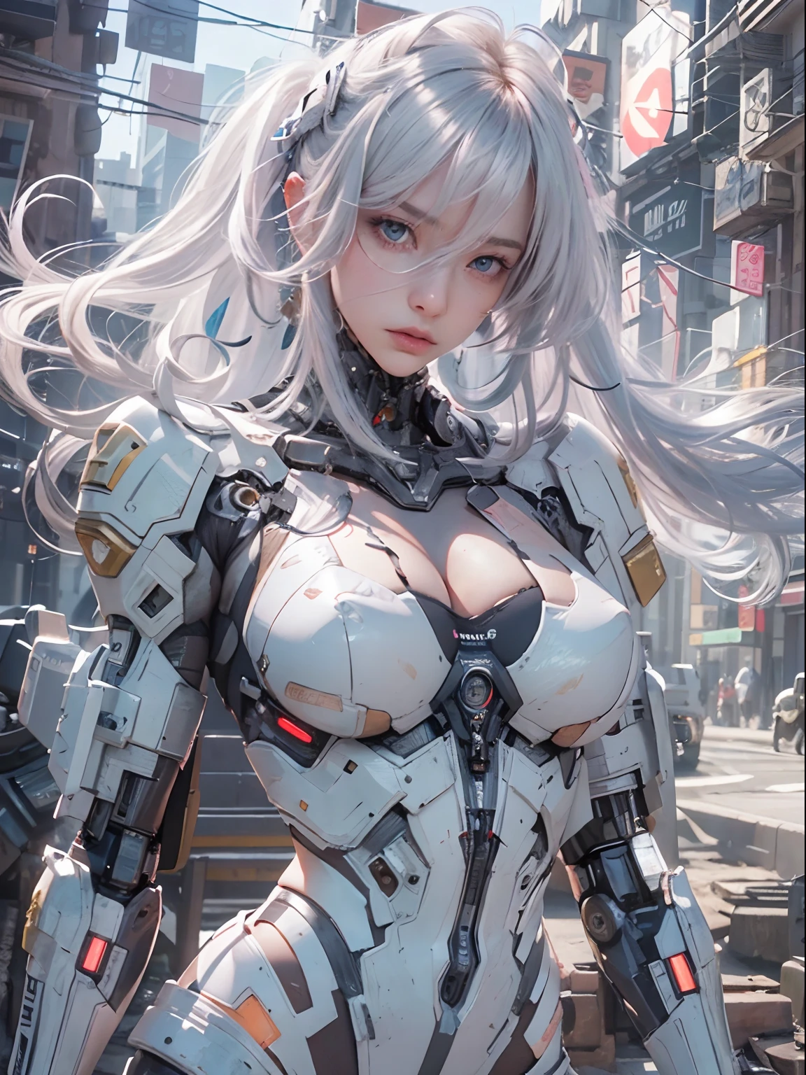 nsfw, 1girl, nude, full body, cyberpunk, mecha, mechanics, (masterpiece: 1.4), (8K, realistic, raw photo, best quality: 1.4), naked, nipple areola shape clear, beautiful breasts, Japanese girl, beautiful cute face, (real face: 1.4), perfect pussy, beautiful hairstyle, realistic blue eyes, beautiful detail eyes, (real skin: 1.3), beautiful skin, attractive, angry face, ultra high resolution, ultra realistic, cinematic lighting, white colored hair, long hair, ribbons, city ruins, futuristic world