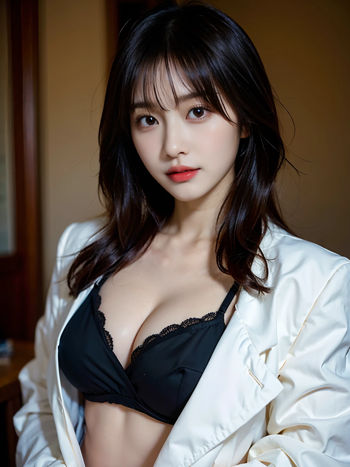 a close up of a woman in a suit posing for a picture, korean girl, beautiful south korean woman, korean woman, sexy :8, sexy girl, wearing bra, gorgeous young korean woman, lovely woman, open v chest clothes, generous cleavage open jacket, beautiful young korean woman, japanese model, low cut top, cleavage, sexy look, posing in bra
