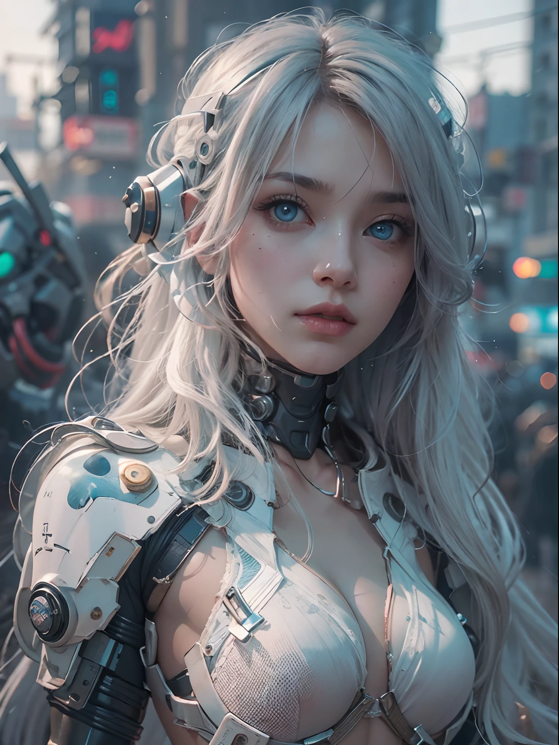 nsfw, 1girl, nude, full body, cyberpunk, mecha, mechanics, (masterpiece: 1.4), (8K, realistic, raw photo, best quality: 1.4), naked, nipple areola shape clear, beautiful breasts, Japanese girl, beautiful cute face, (real face: 1.4), perfect pussy, beautiful hairstyle, realistic blue eyes, beautiful detail eyes, (real skin: 1.3), beautiful skin, attractive, angry face, ultra high resolution, ultra realistic, cinematic lighting, white colored hair, long hair, ribbons, city ruins, futuristic world