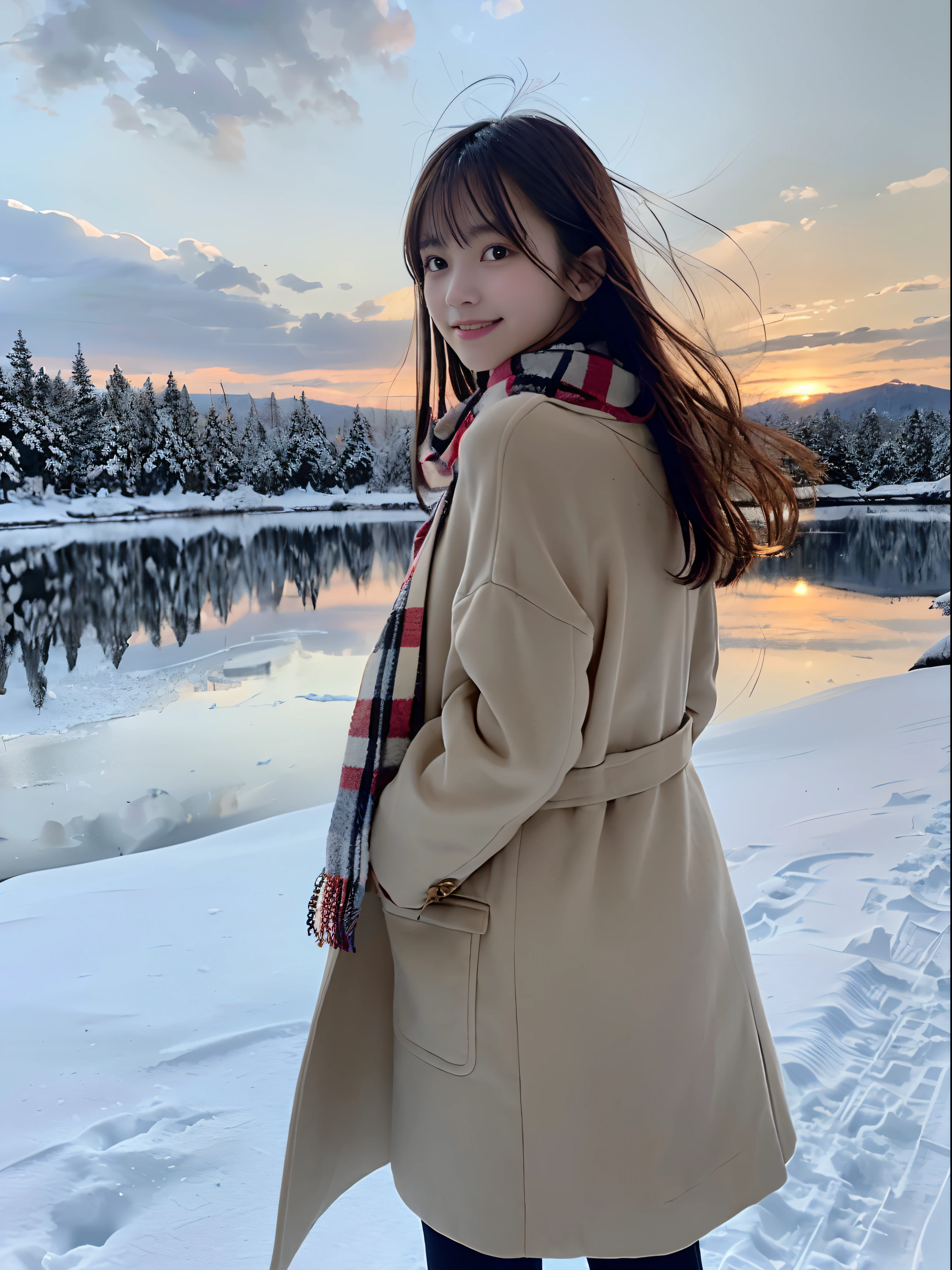 (A close-up of one girl from behind is、Has long hair with dull bangs and a scarf coat in winter uniform:1.5)、(One girl turned around、He saw me with a small smile and hair fluttering in the wind :1.3)、(Beautiful snowy sunset sky:1.5)、(Perfect Anatomy:1.3)、(No mask:1.3)、(complete fingers:1.3)、Photorealistic、Photography、masutepiece、top-quality、High resolution, delicate and pretty、face perfect、Beautiful detailed eyes、Fair skin、Real Human Skin、pores、((thin legs))、(Dark hair)