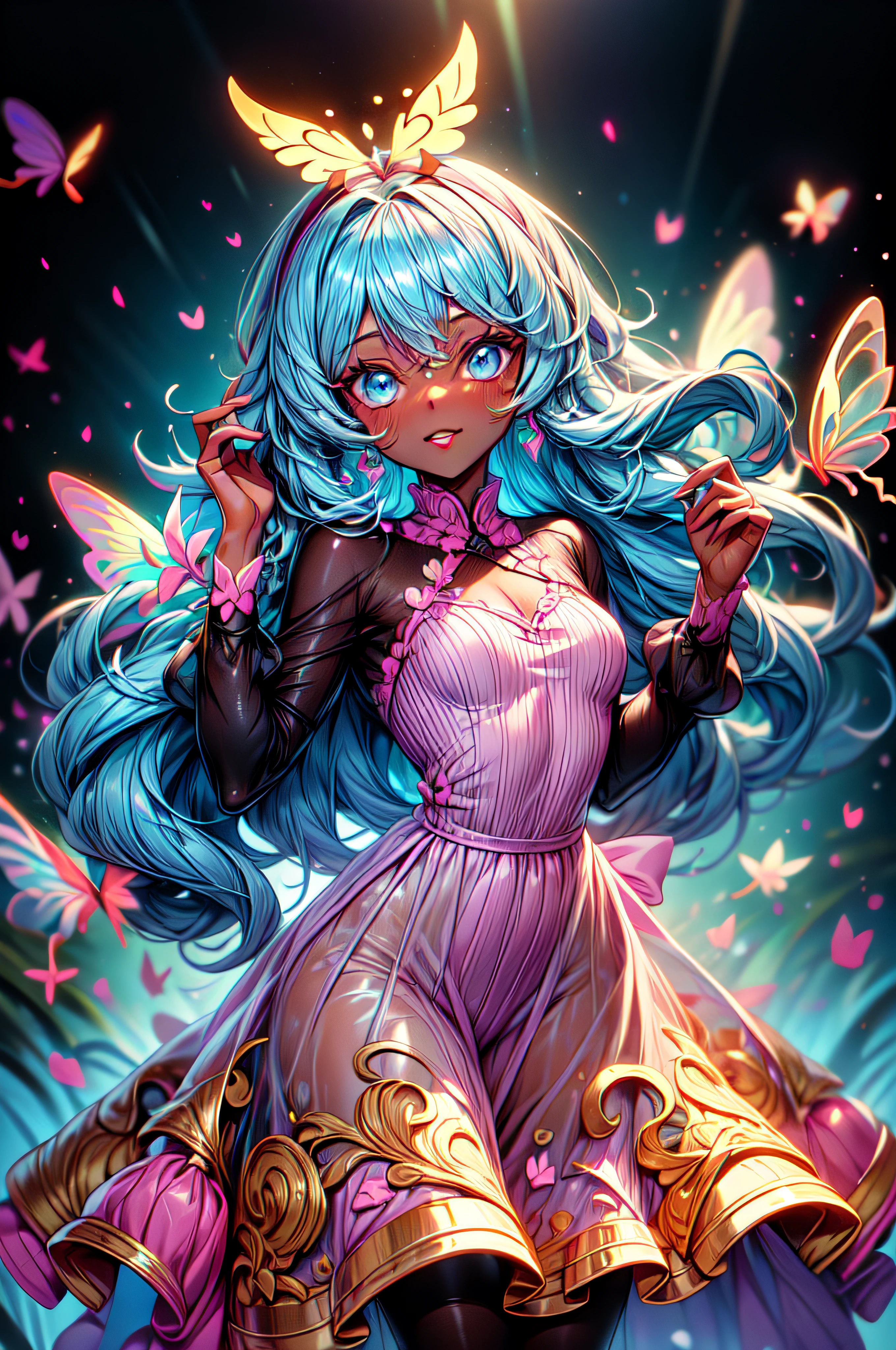 Una chica con cabello largo y blanco con lazo lila con cinta, dark skin, Usar ropa estilo agua transparente, Agua por todas partes, todo alrededor, Fondo de agua, transparente, good lighting, Incredible detailed particle illumination, cuerpo completo, Mariposas_alrededor.